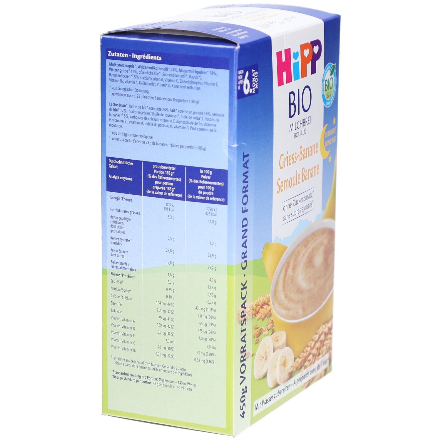 Dos de la boîte HIPP Bio Milchbrei Grieß Banane. Liste des ingrédients, informations nutritionnelles et logo. Texte en allemand et français.
