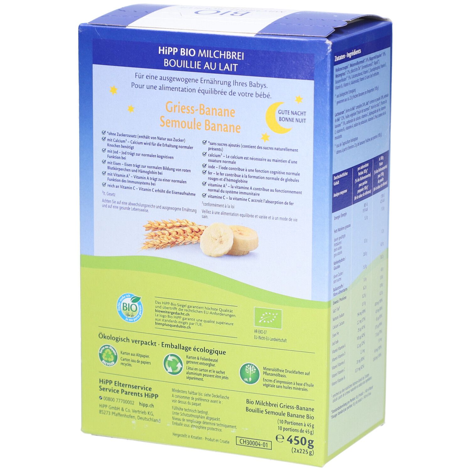 Côté de la boîte HIPP Bio Milchbrei Grieß Banane. Texte sur l'alimentation des bébés, label bio et autres logos.