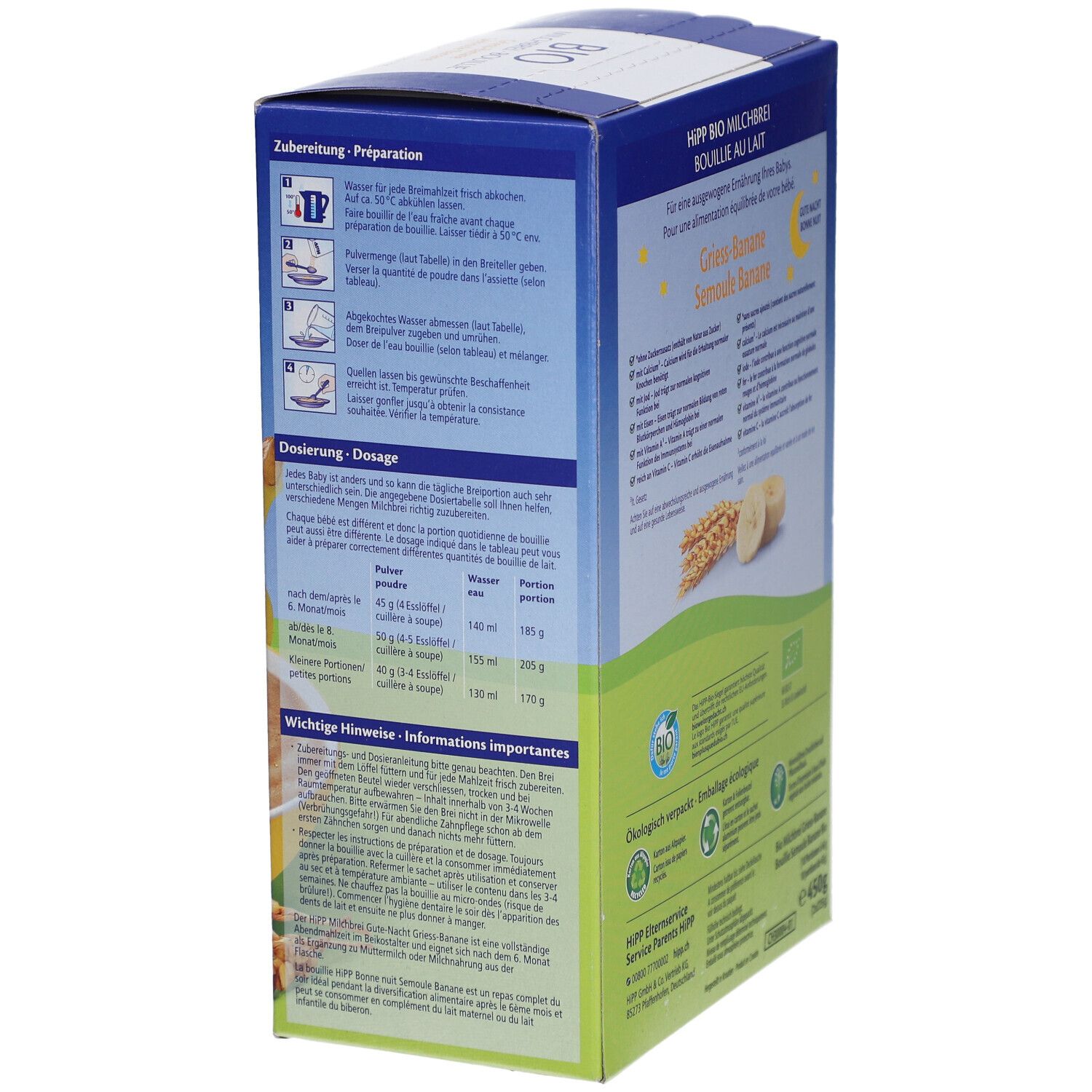 Côté de la boîte HIPP Bio Milchbrei Grieß Banane. Instructions de préparation et instructions de dosage. Texte en allemand et français.