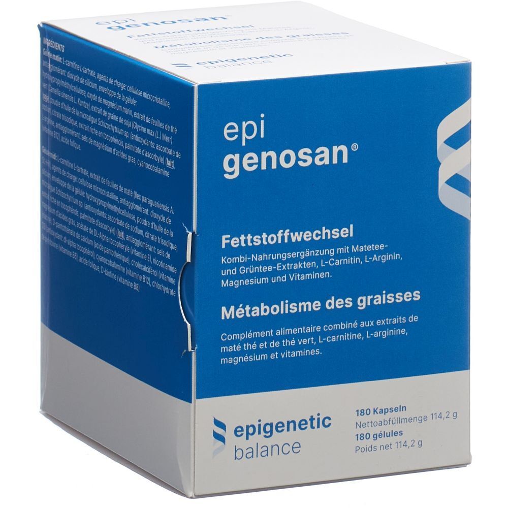 Boîte bleue et blanche avec nom du produit et informations. Inscription : epigenosan® Métabolisme des graisses. 180 gélules.