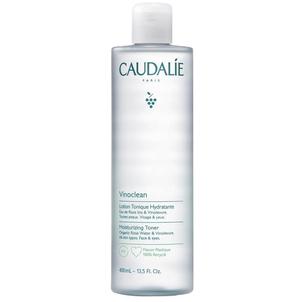 Flacon transparent avec bouchon blanc. Inscription CAUDALIE PARIS, symbole de raisin. Nom du produit Vinoclean. Texte: Lotion Tonique Hydratante.