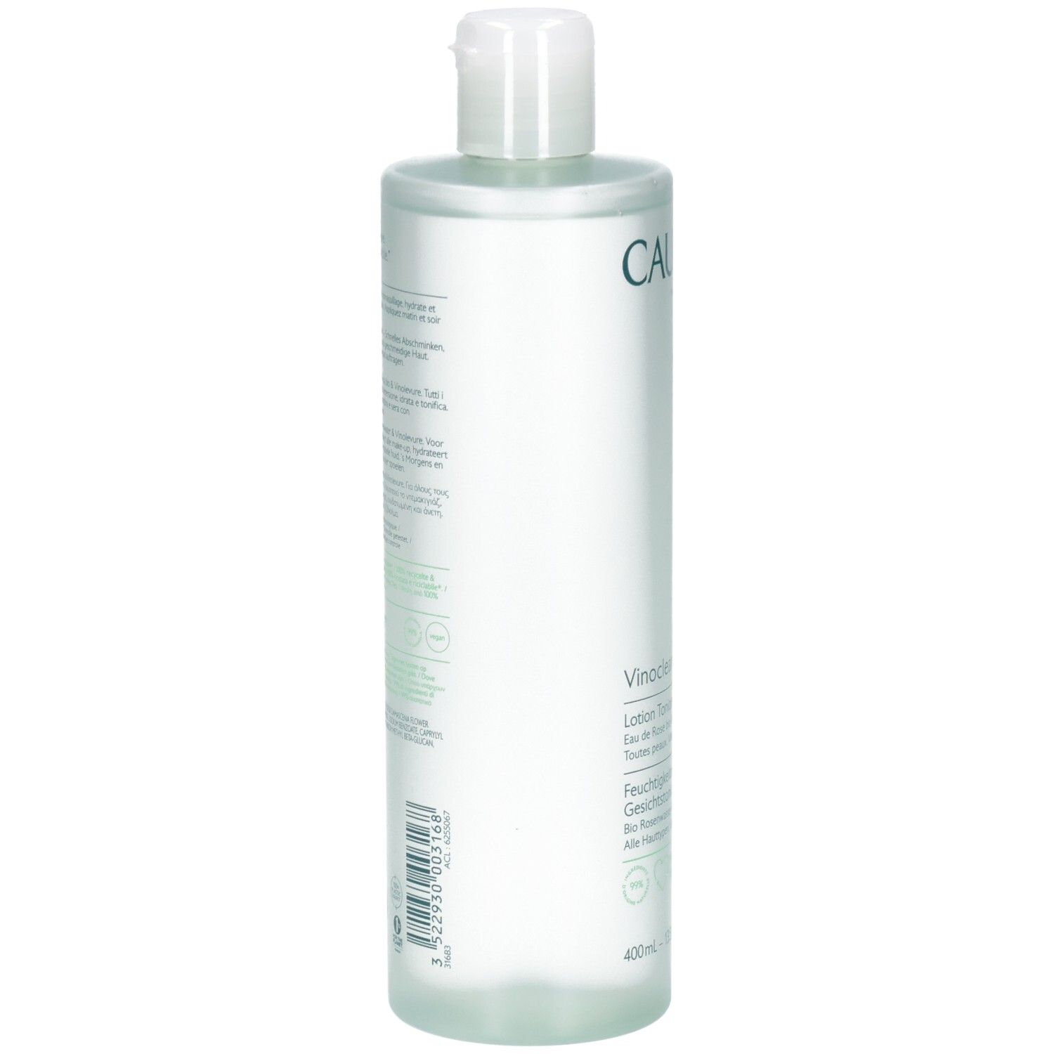 Transparente Flasche mit weißem Deckel. Aufschrift CAUDALÍE und Vinoclean. Text in Französisch, Deutsch und Englisch. 100% recycelte Flasche.
