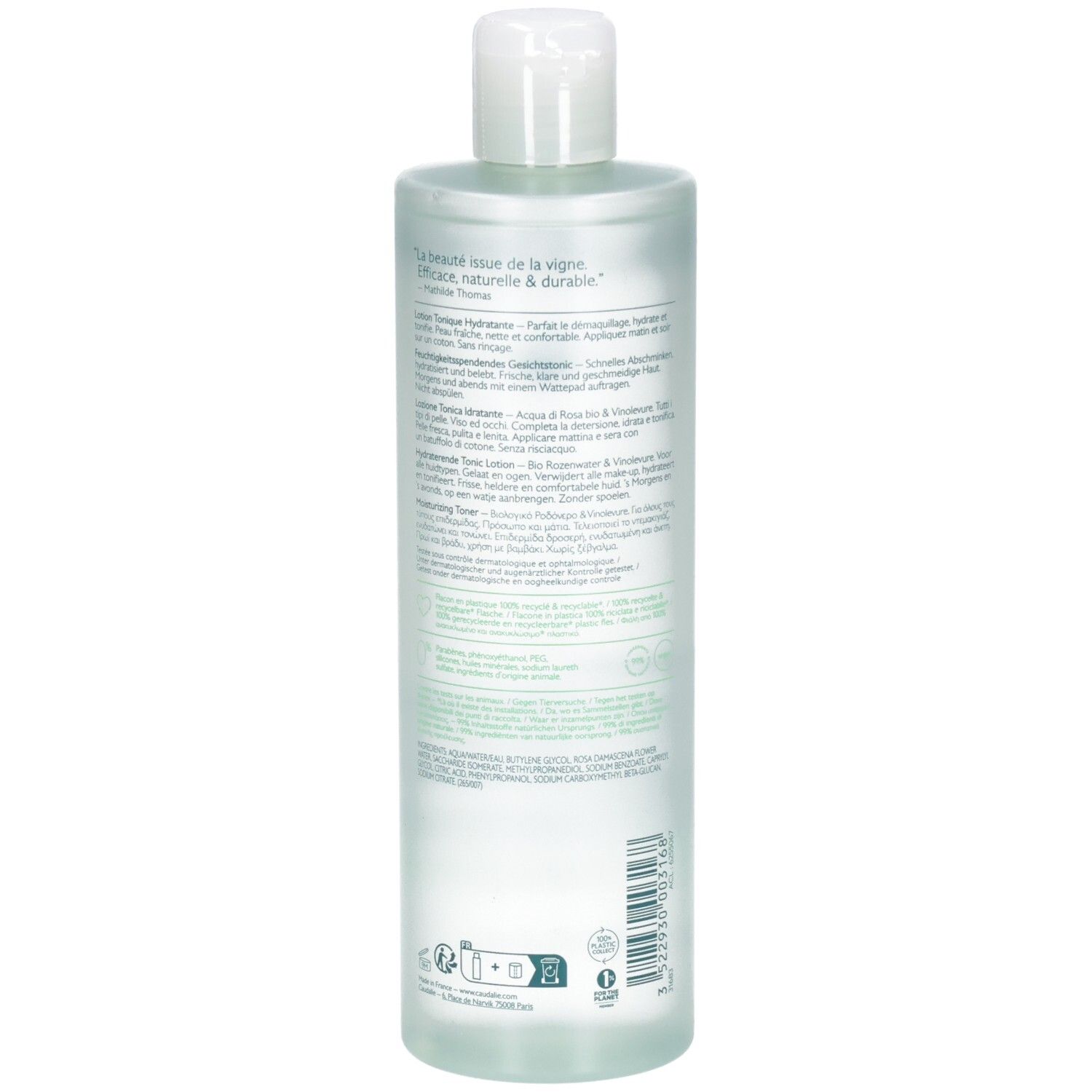 Transparente Flasche mit weißem Deckel. Aufschrift CAUDALÍE und Vinoclean. Text in Französisch, Deutsch und Englisch. 100% recycelte Flasche.