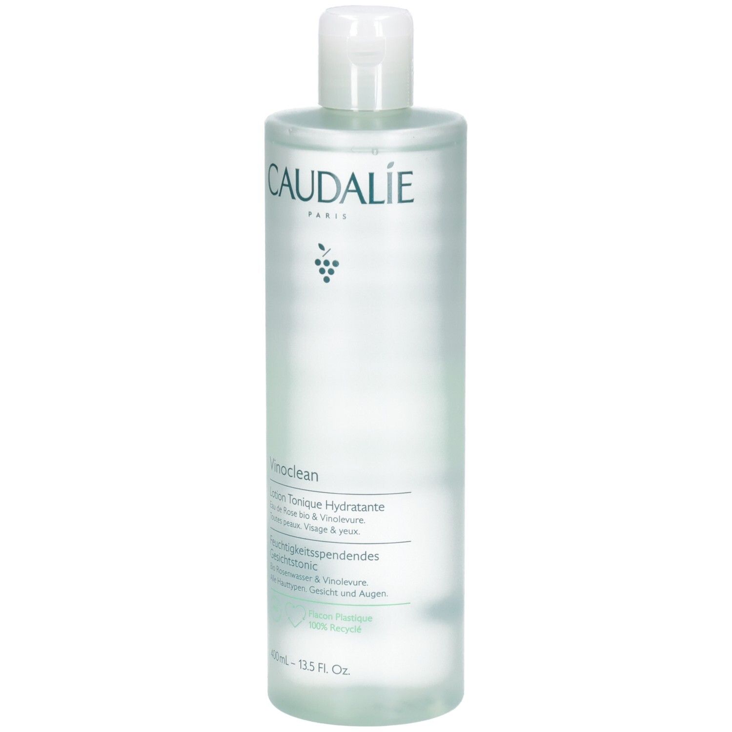 Transparente Flasche mit weißem Deckel. Aufschrift CAUDALÍE und Vinoclean. Text in Französisch, Deutsch und Englisch. 100% recycelte Flasche.