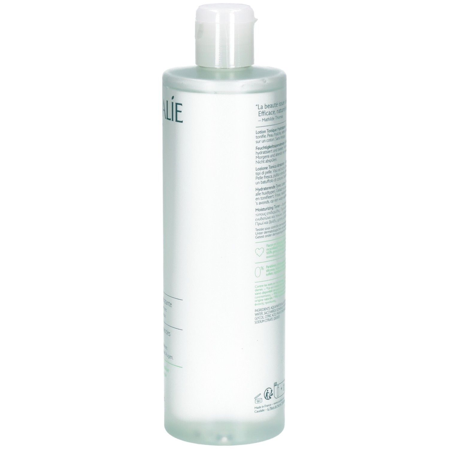Transparente Flasche mit weißem Deckel. Aufschrift CAUDALÍE und Vinoclean. Text in Französisch, Deutsch und Englisch. 100% recycelte Flasche.