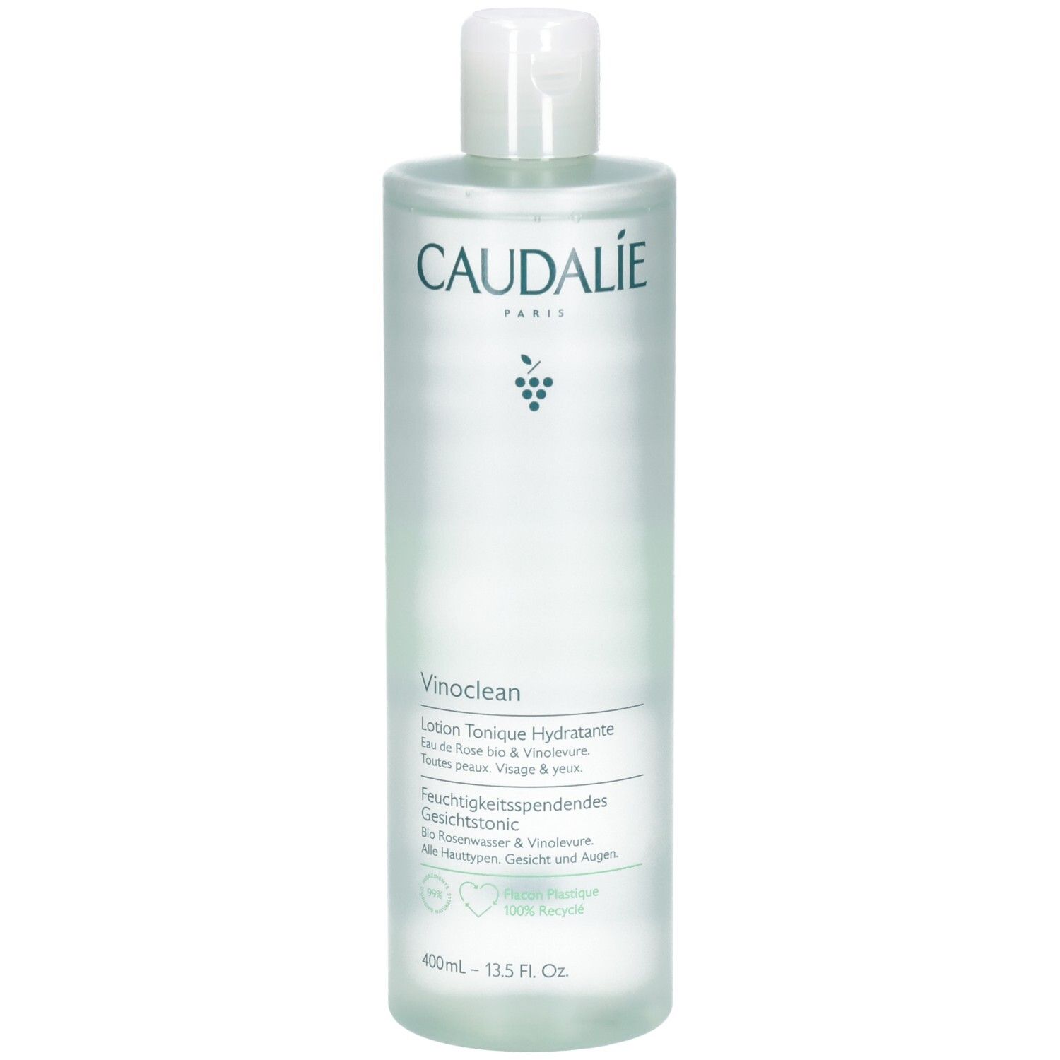 Transparente Flasche mit weißem Deckel. Aufschrift CAUDALÍE und Vinoclean. Text in Französisch, Deutsch und Englisch. 100% recycelte Flasche.