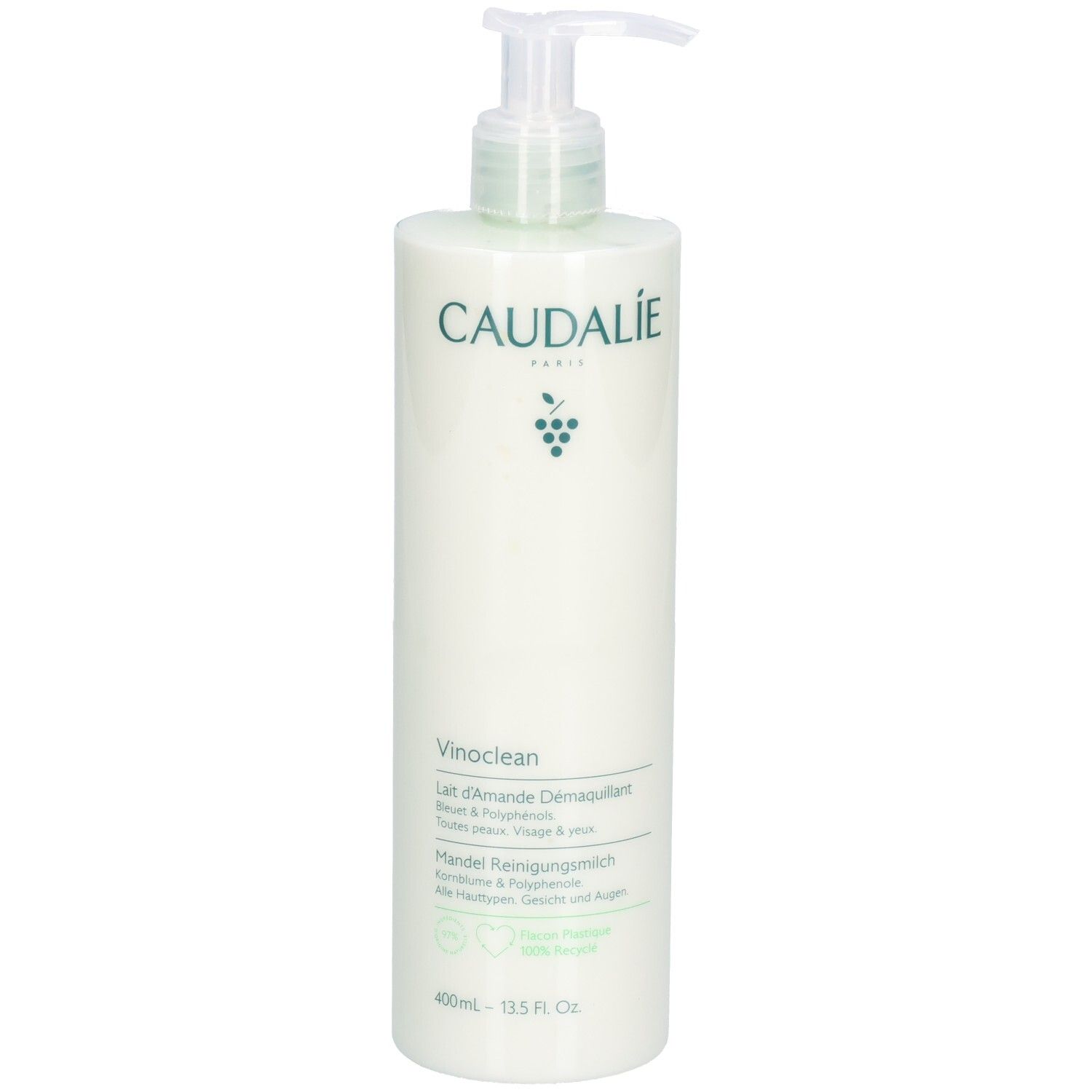 Flacon blanc avec pompe. Inscription CAUDALIE, Vinoclean, Lait d'Amande Démaquillant. 400ml.