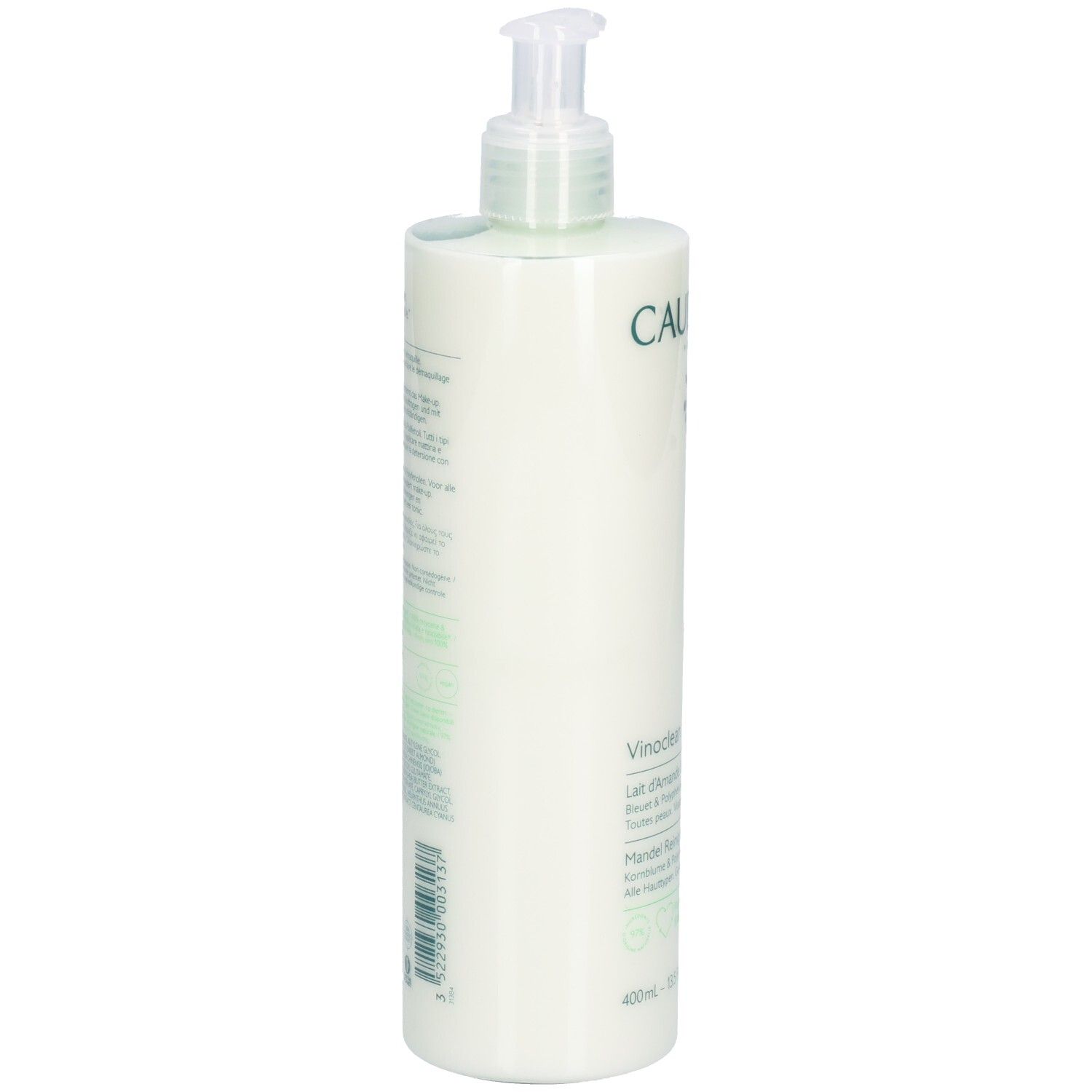 Flacon blanc avec pompe. Dos avec texte. 400ml.