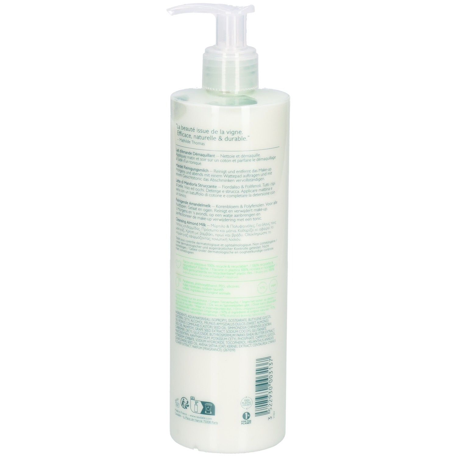 Flacon blanc avec pompe. Dos avec texte. 400ml.