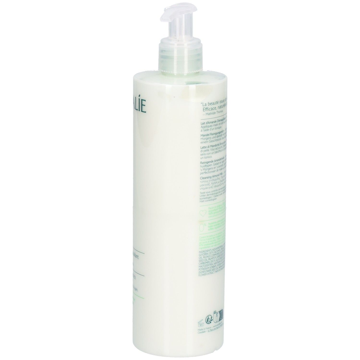 Flacon blanc avec pompe. Dos avec texte. 400ml.