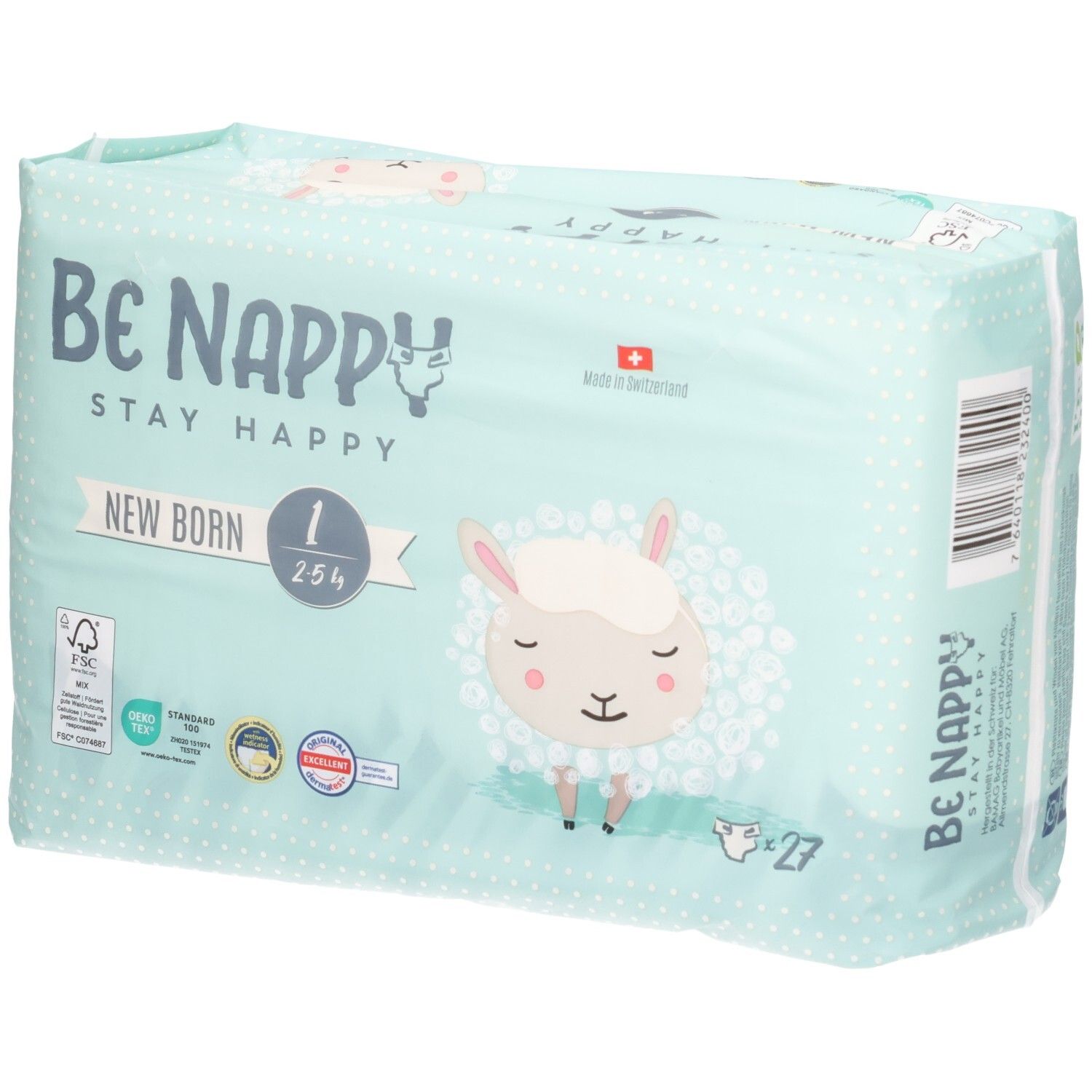 Couches Be Nappy, taille 1, New Born, 27 pièces. Emballage bleu clair avec motif mouton.