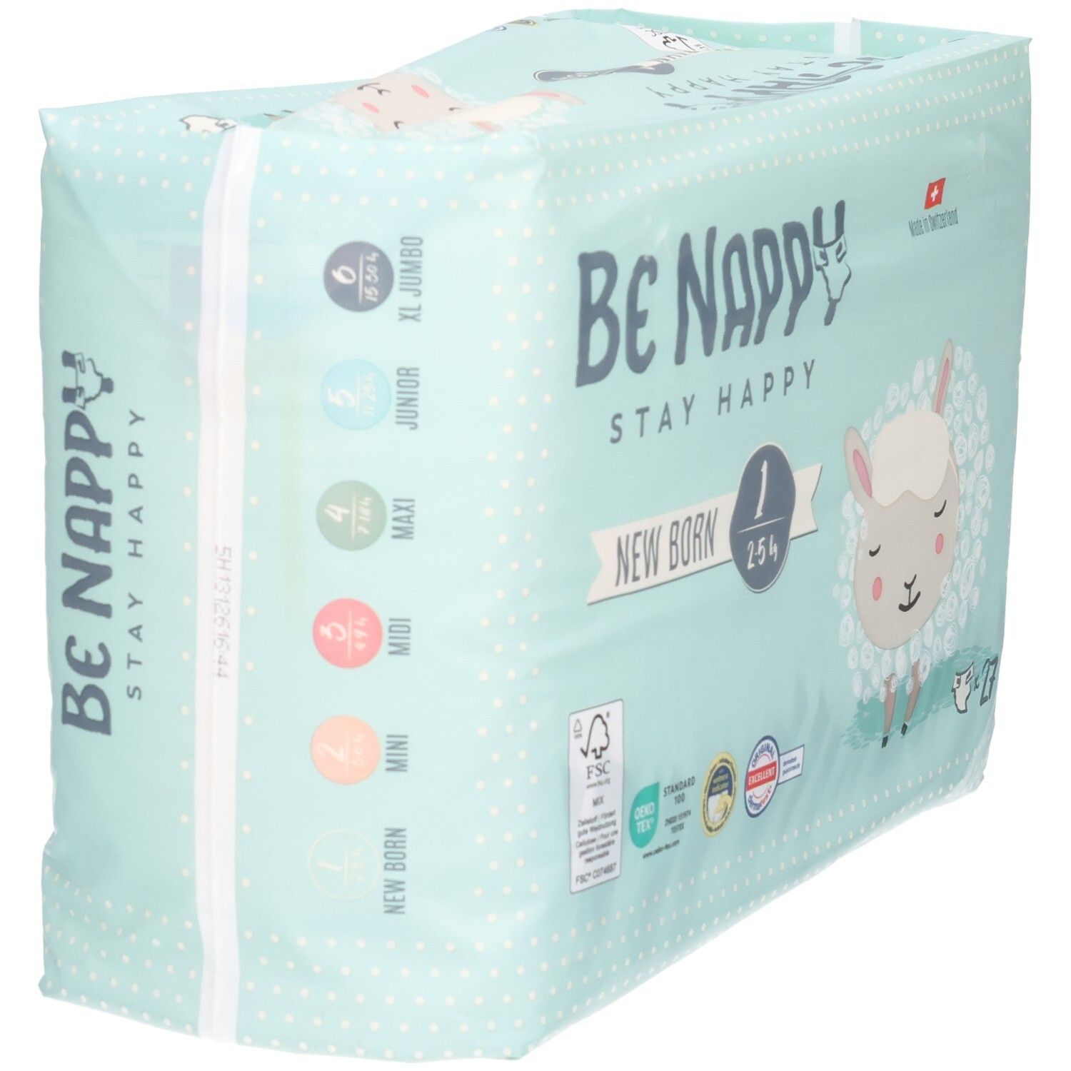 Couches Be Nappy, taille 1, New Born, 27 pièces. Vue latérale de l'emballage bleu clair avec motif mouton.