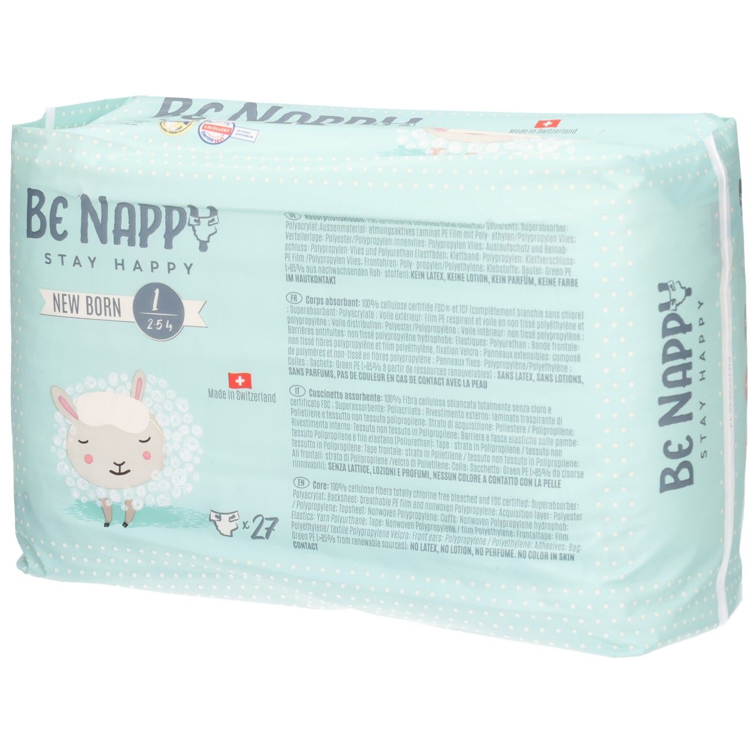 Arrière de l'emballage des couches Be Nappy, taille 1, New Born, 27 pièces. Avec informations produit.