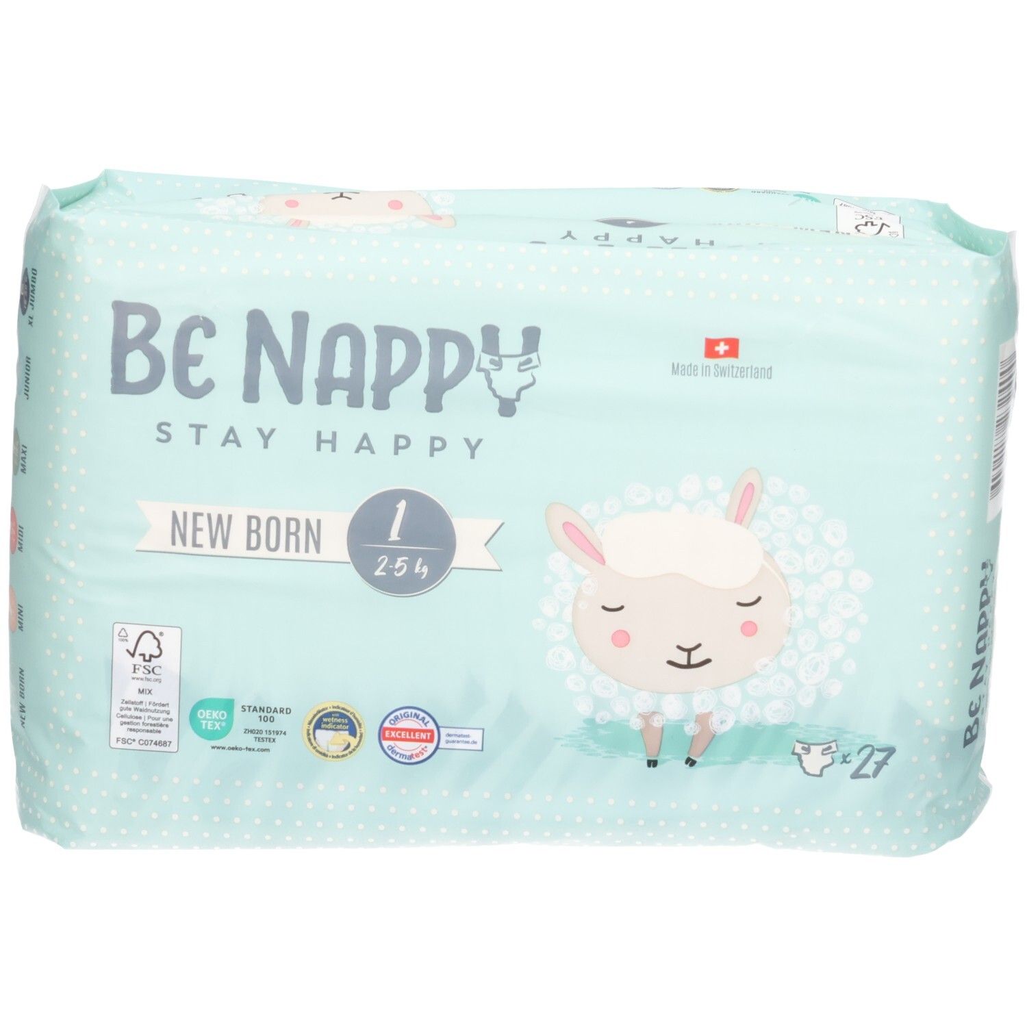 Couches Be Nappy, taille 1, New Born, 27 pièces. Emballage bleu clair avec motif mouton et sceaux.
