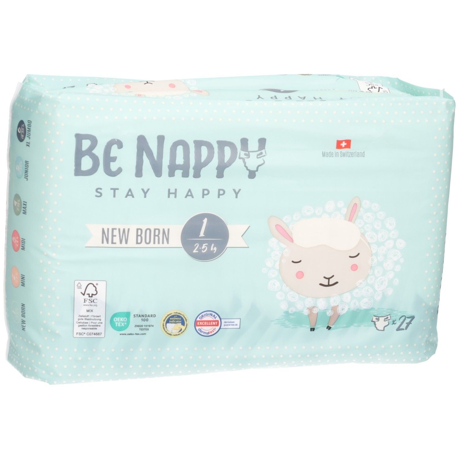 Couches Be Nappy, taille 1, New Born, 27 pièces. Façade de l'emballage bleu clair avec motif mouton.