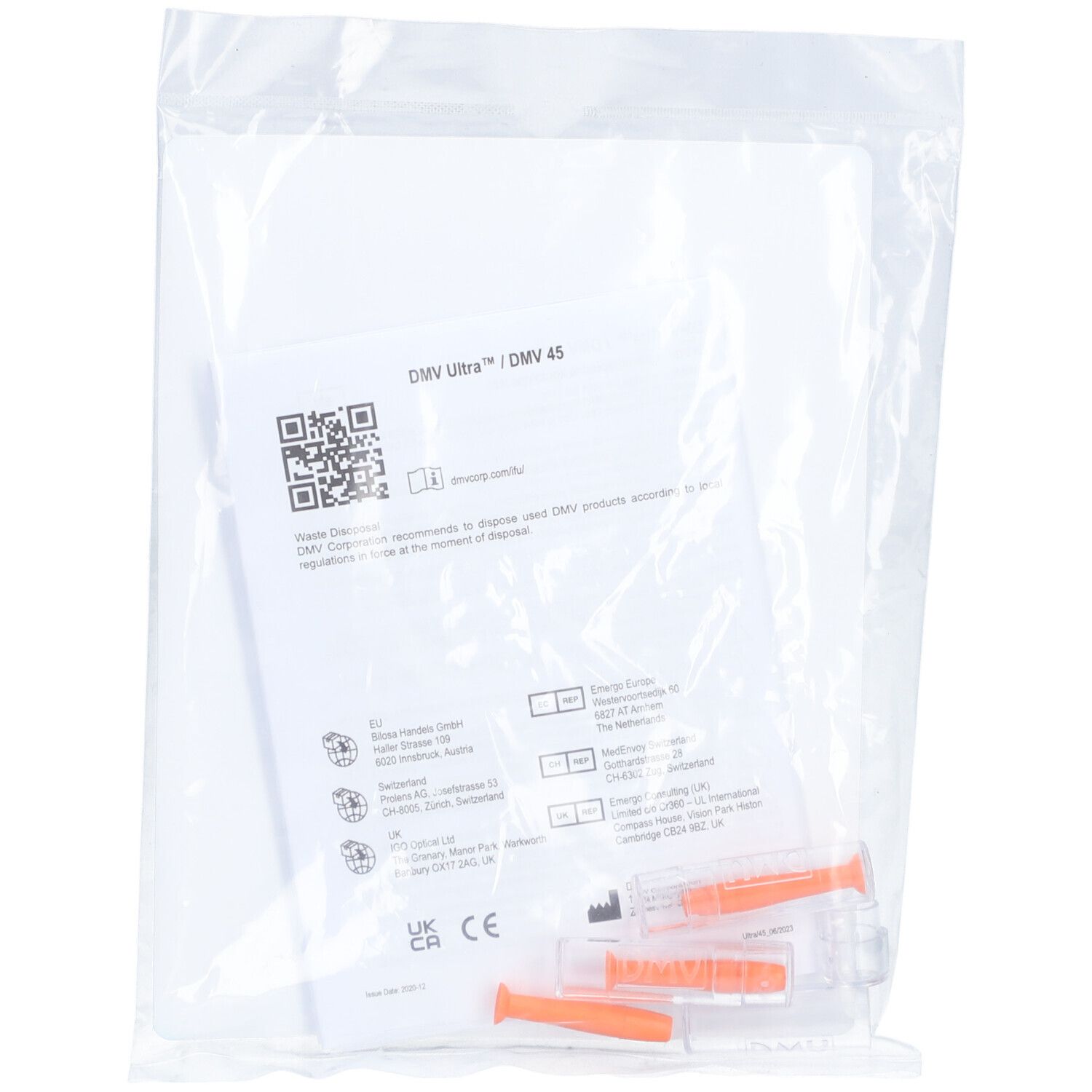 Transparente Verpackung mit DMV Ultra Applikatoren. Enthält Anweisungen und drei orangefarbene Applikatoren.