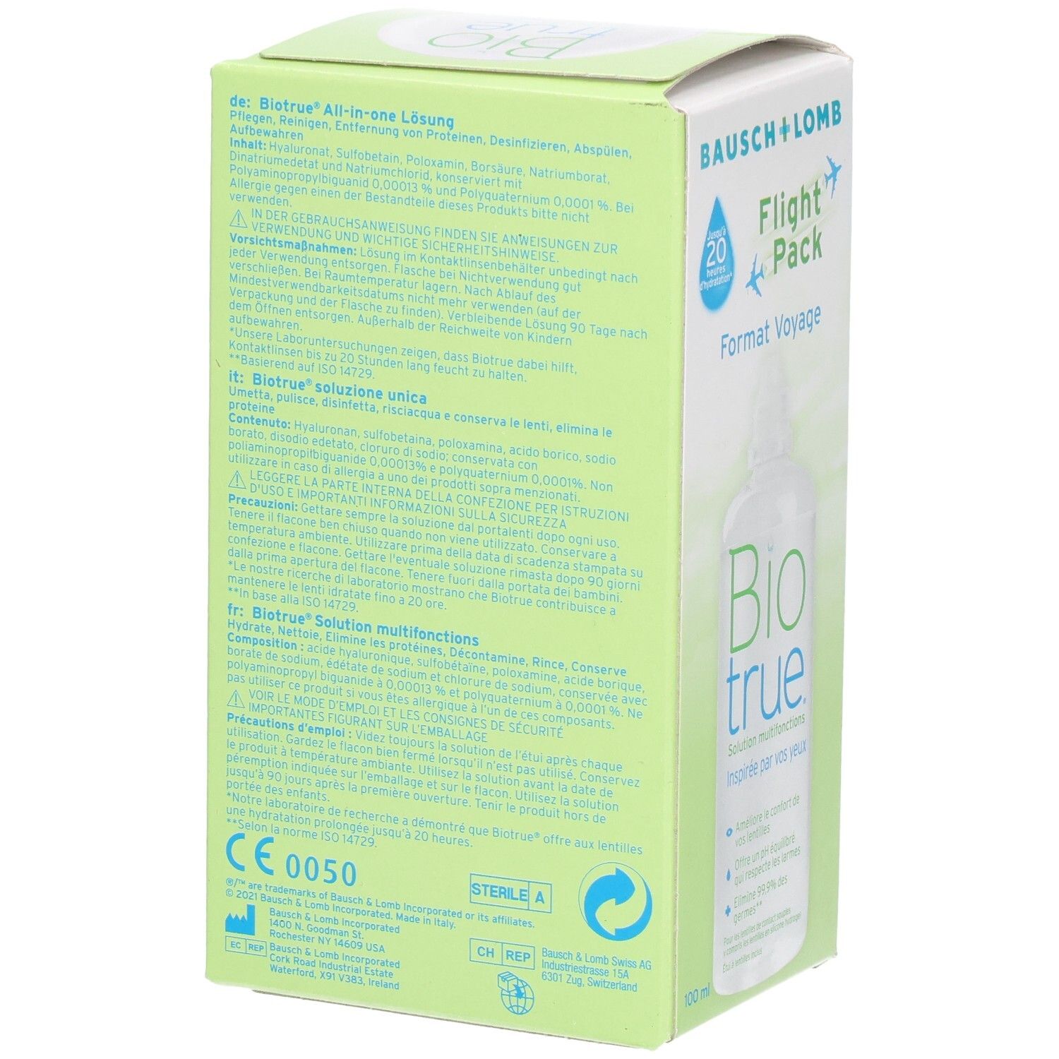 Dos de l'emballage Biotrue Solution Multifonctions avec informations produit.