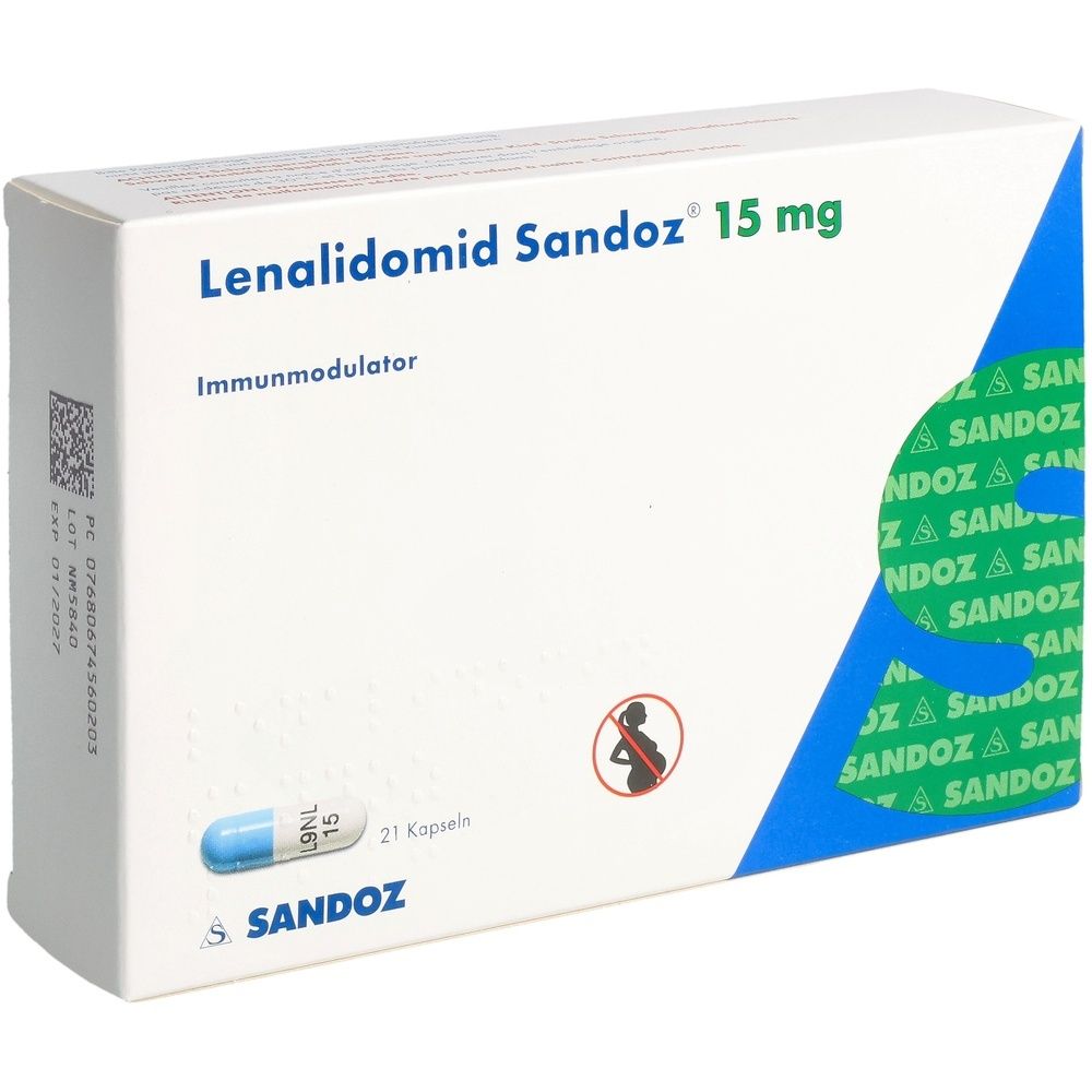 Boîte de Lenalidomide Sandoz 15 mg. Inscription : Immunomodulateur, 21 gélules. Gélule bleue représentée. Logo Sandoz.