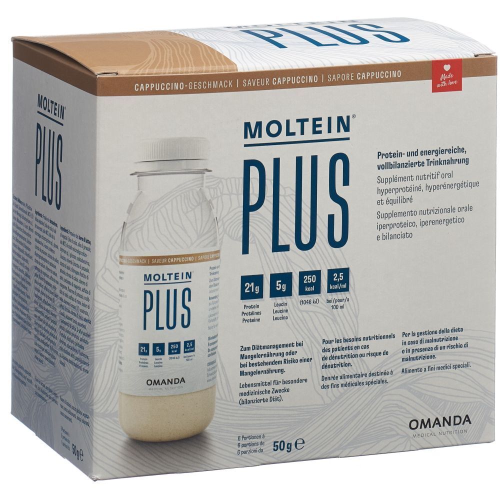 MOLTEIN Plus 2.5 Cappuccino Trinknahrung im Karton mit einer Flasche. Enthält Nährwertangaben und Proteindetails.