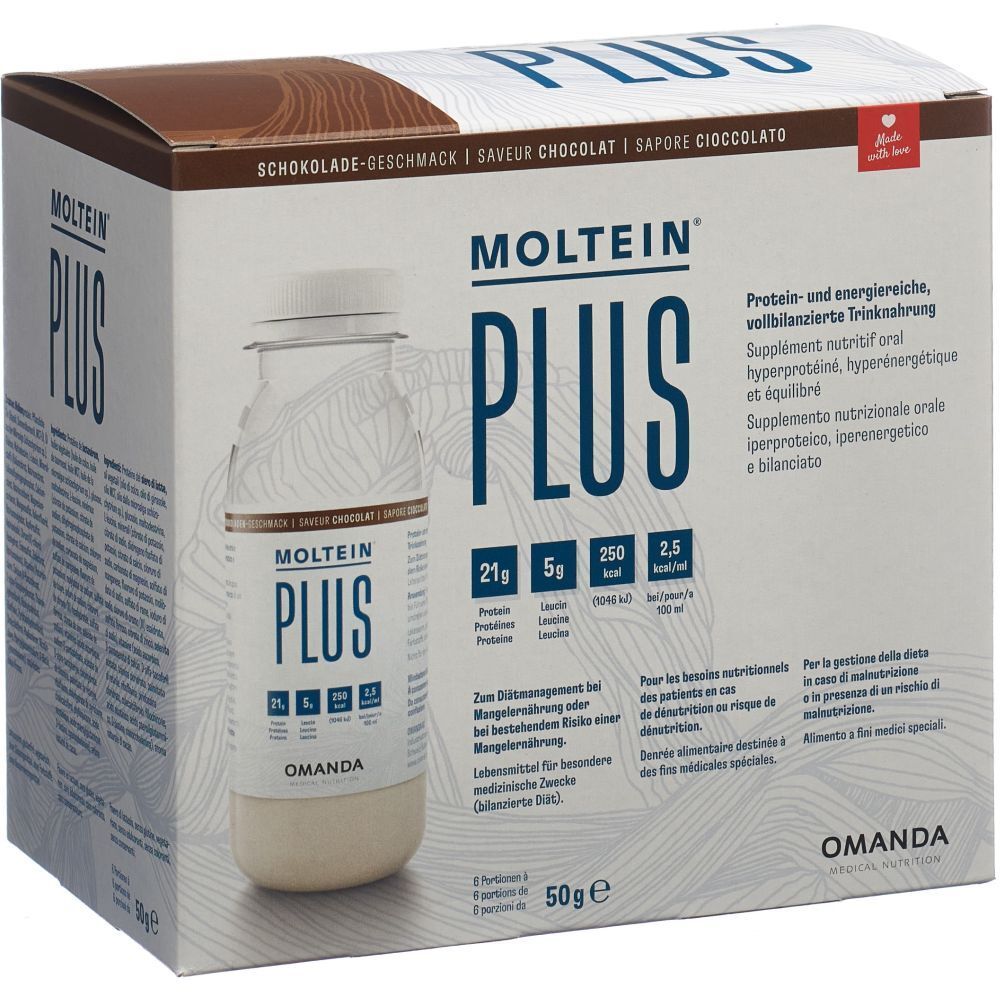 MOLTEIN Plus Schokolade: Kartonverpackung mit einer Trinkflasche. Enthält Protein- und Energienahrung.