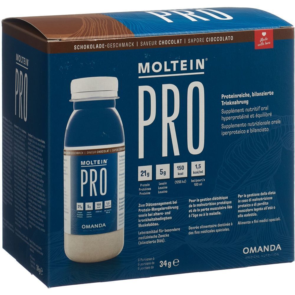 MOLTEIN PRO Schokoladig: Trinknahrung in Kartonverpackung mit einer Flasche.