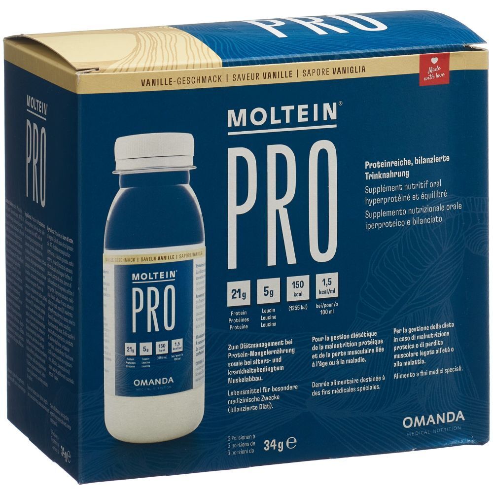 MOLTEIN PRO 1.5 Vanille Trinknahrung-Box mit einer Flasche. Nährwertangaben sichtbar.