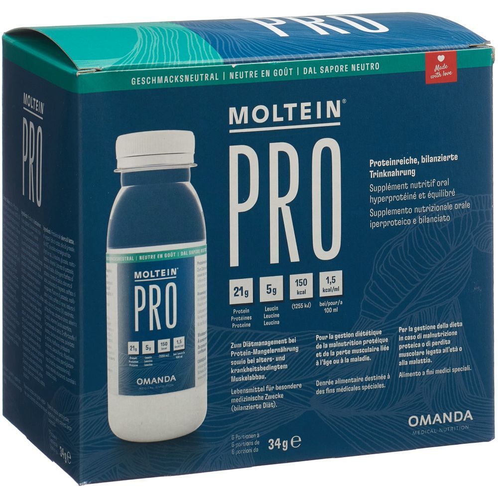 MOLTEIN PRO: Karton mit einer Trinkflasche, Nährwertangaben, 21g Protein, 5g Fett, 150 kcal, 1.5ml.