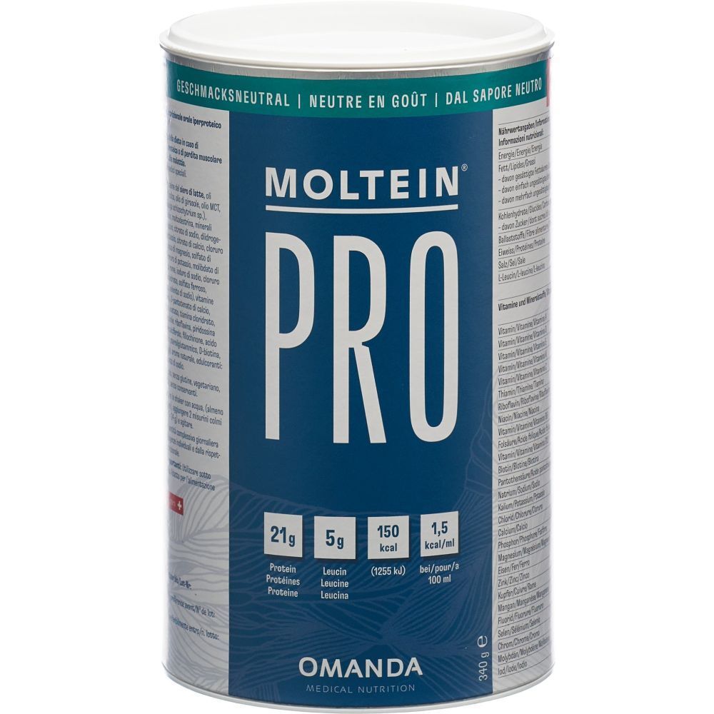 MOLTEIN PRO Dose mit Nährwertangaben: 21g Protein, 5g Leucin, 150 kcal pro Portion.
