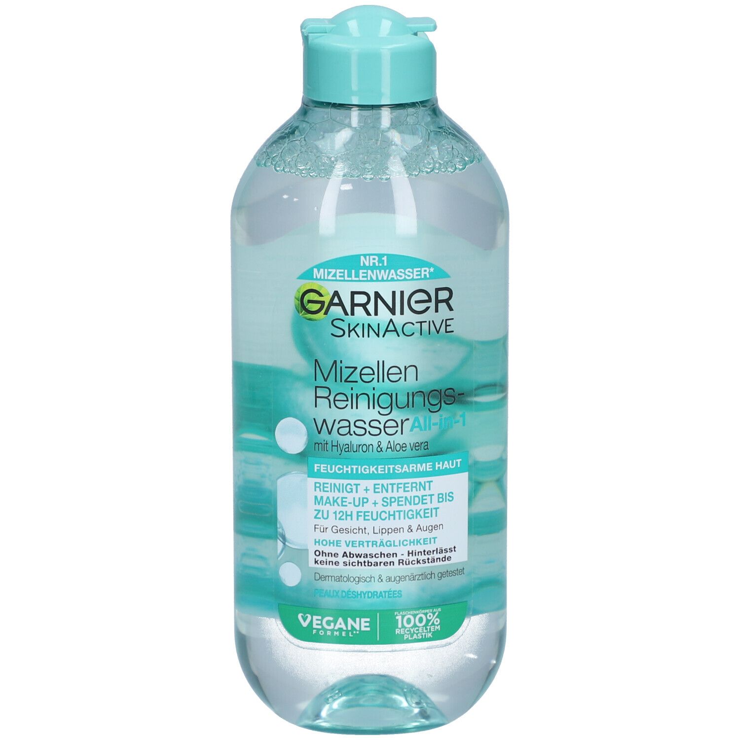 Flacon de Garnier Mizellenwasser. Bouchon turquoise, étiquette avec informations produit. Label Vegan.