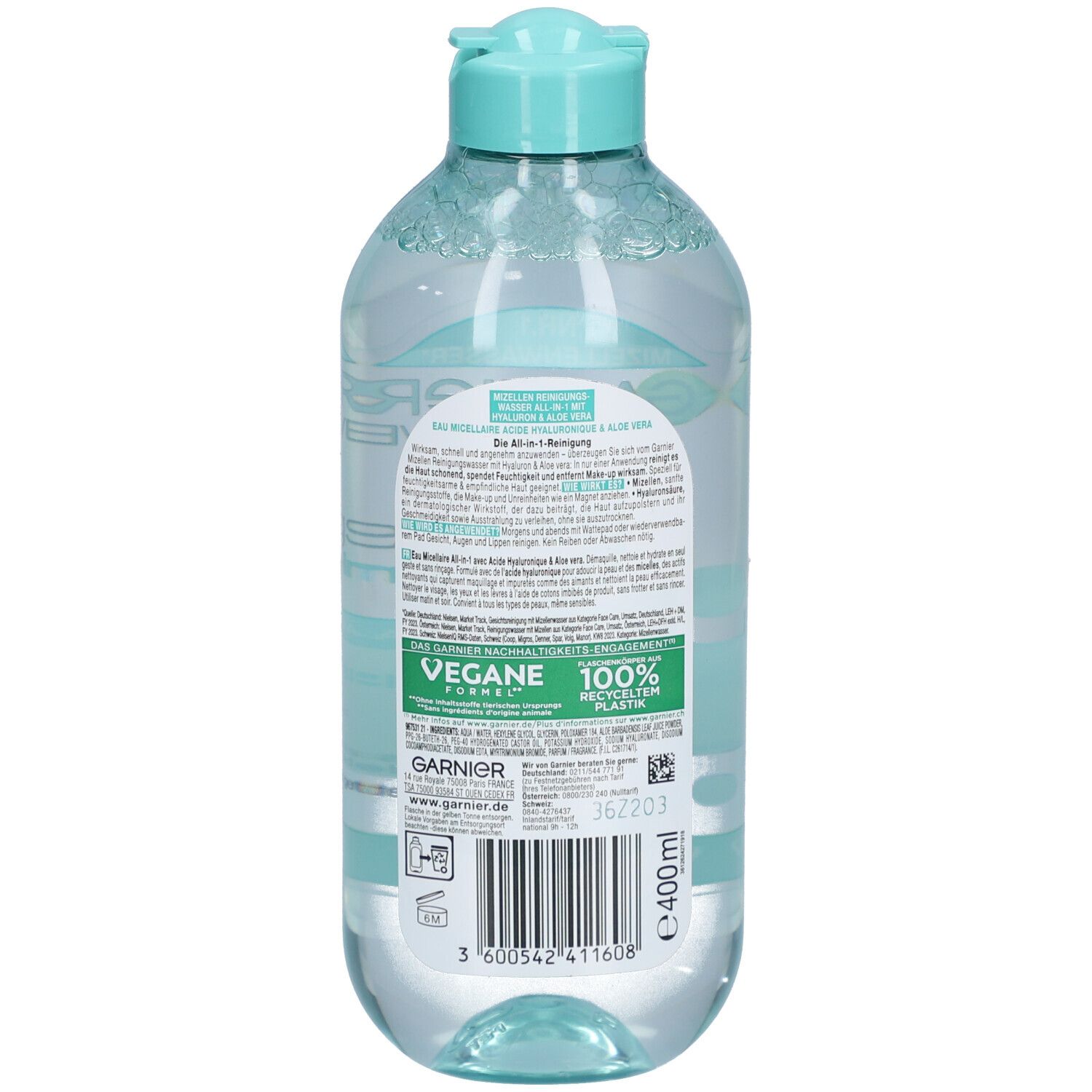 Dos du flacon de Garnier Mizellenwasser. Étiquette avec informations produit, code-barres et label Vegan.