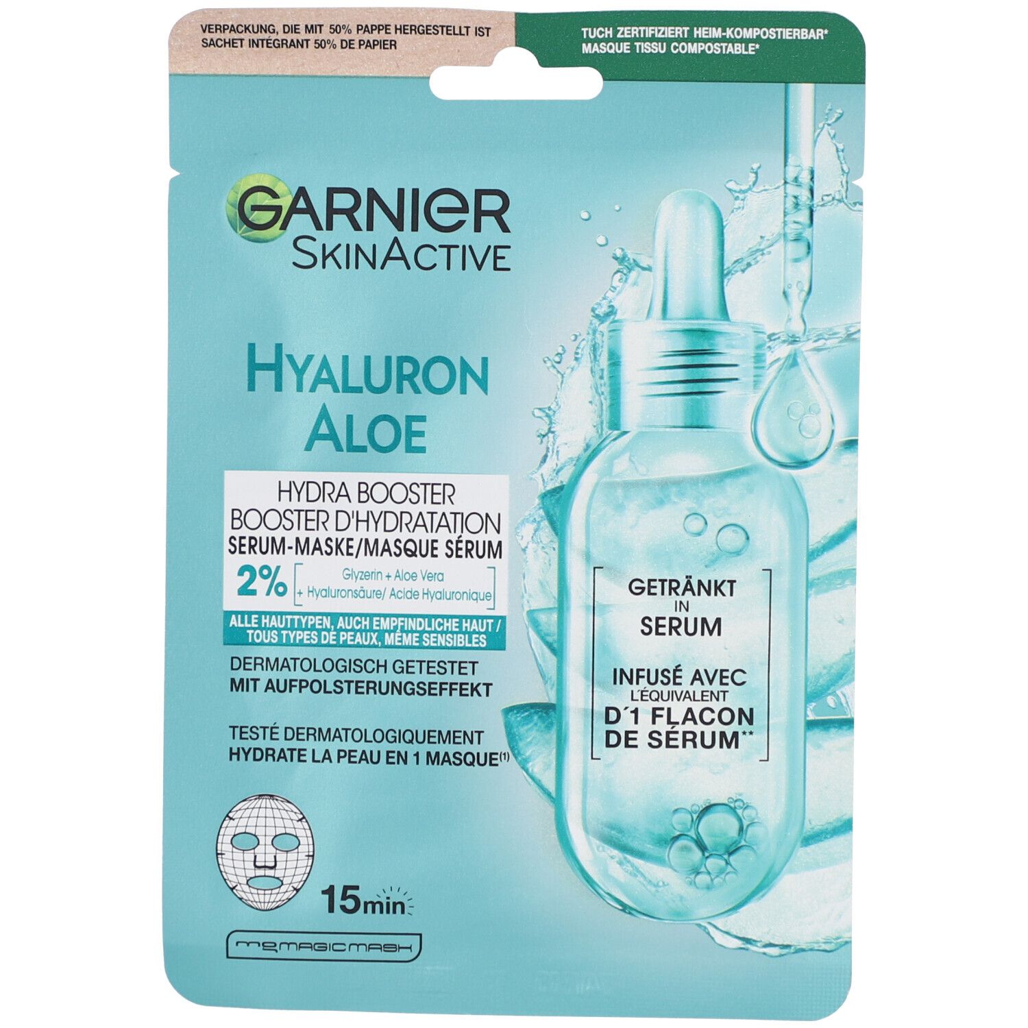 Verpackung mit Gesichtsmaske. Marke Garnier SkinActive. Text: Hyaluron Aloe, Hydra Booster, Serum-Maske. Flakon-Illustration.