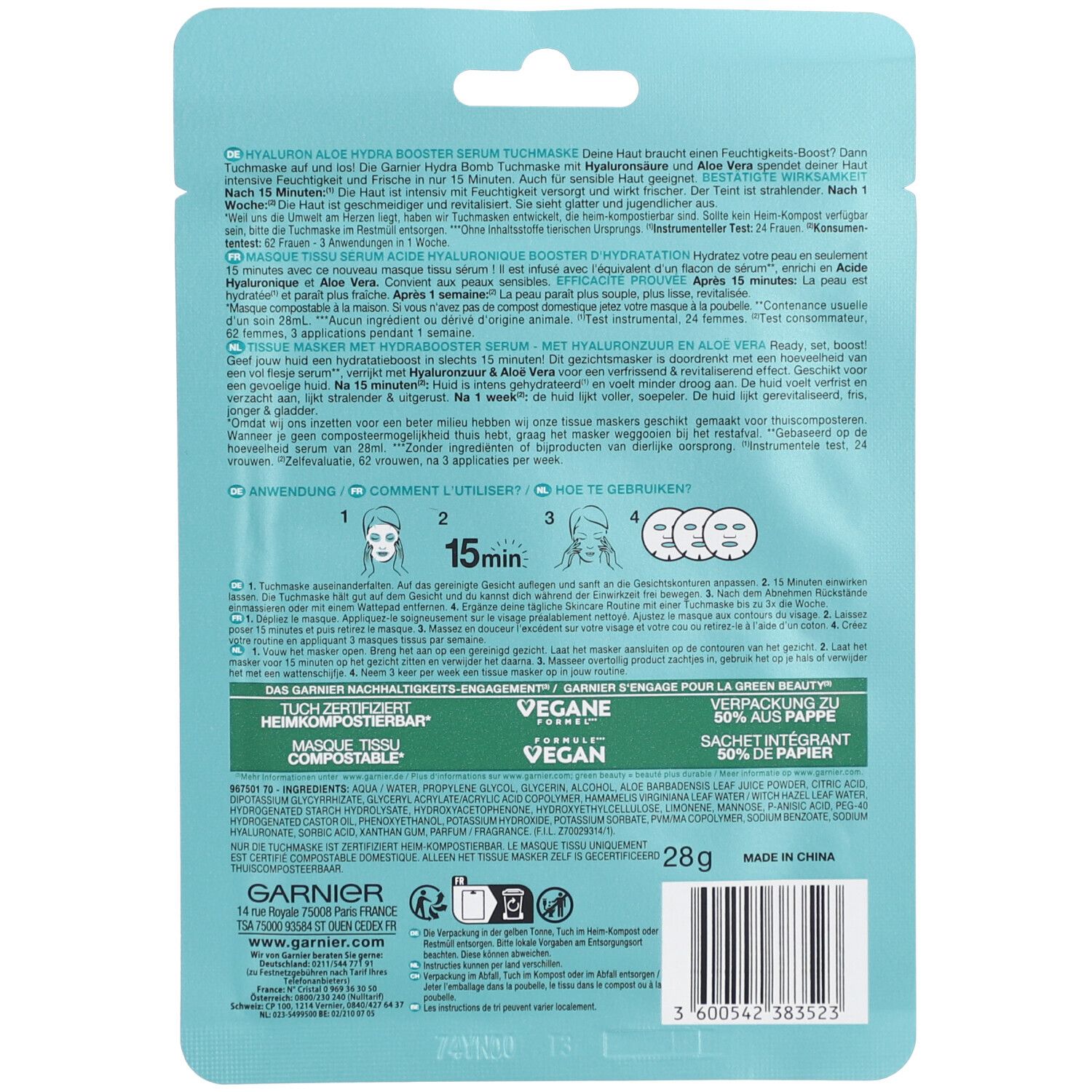 Rückseite der Gesichtsmaskenverpackung. Text: Hyaluron Aloe Booster Serum-Maske. Anwendungsanleitung. Inhaltsstoffe. Barcode.