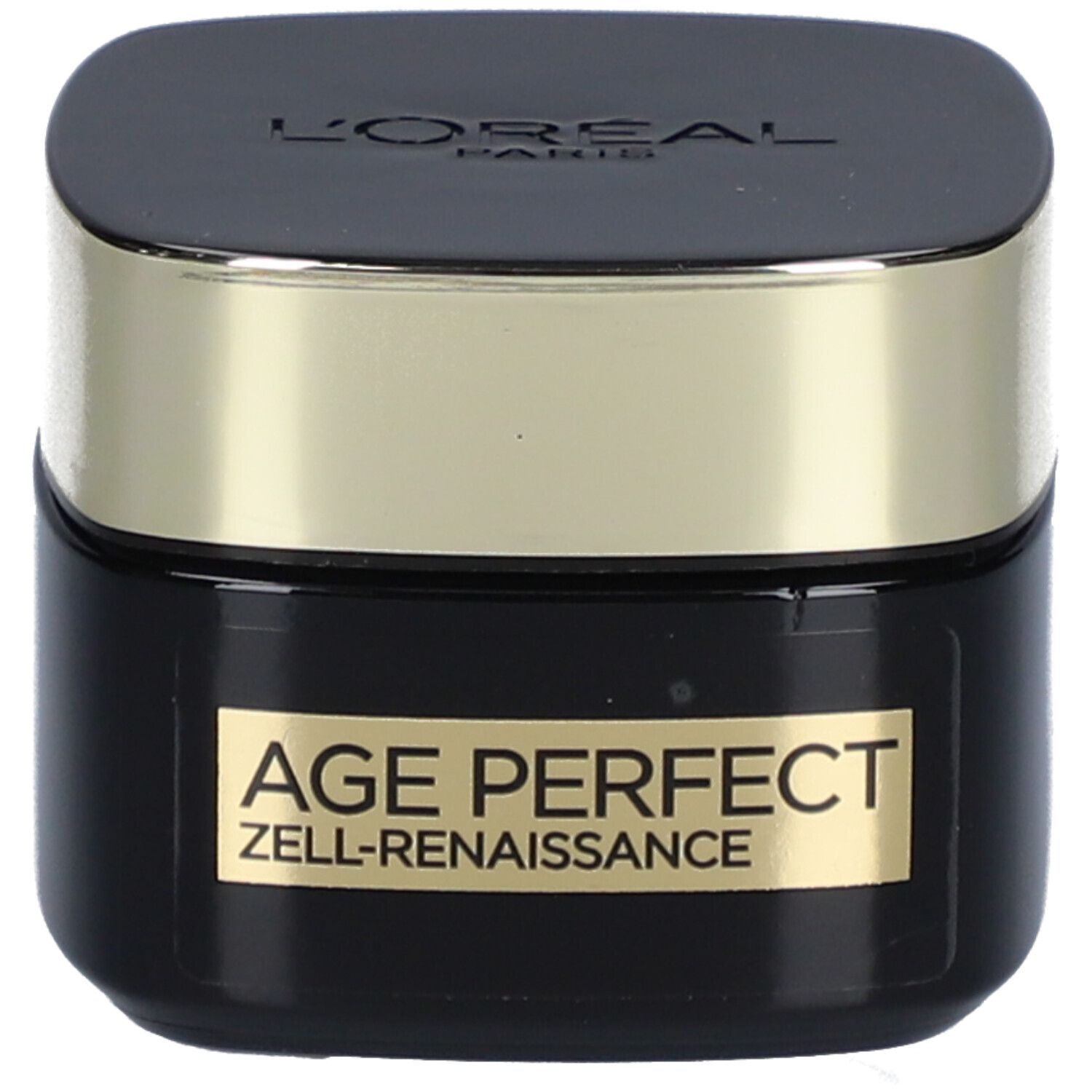 Schwarzer Tiegel mit goldfarbenem Deckel und Schriftzug AGE PERFECT ZELL-RENAISSANCE. Marke L'Oréal.
