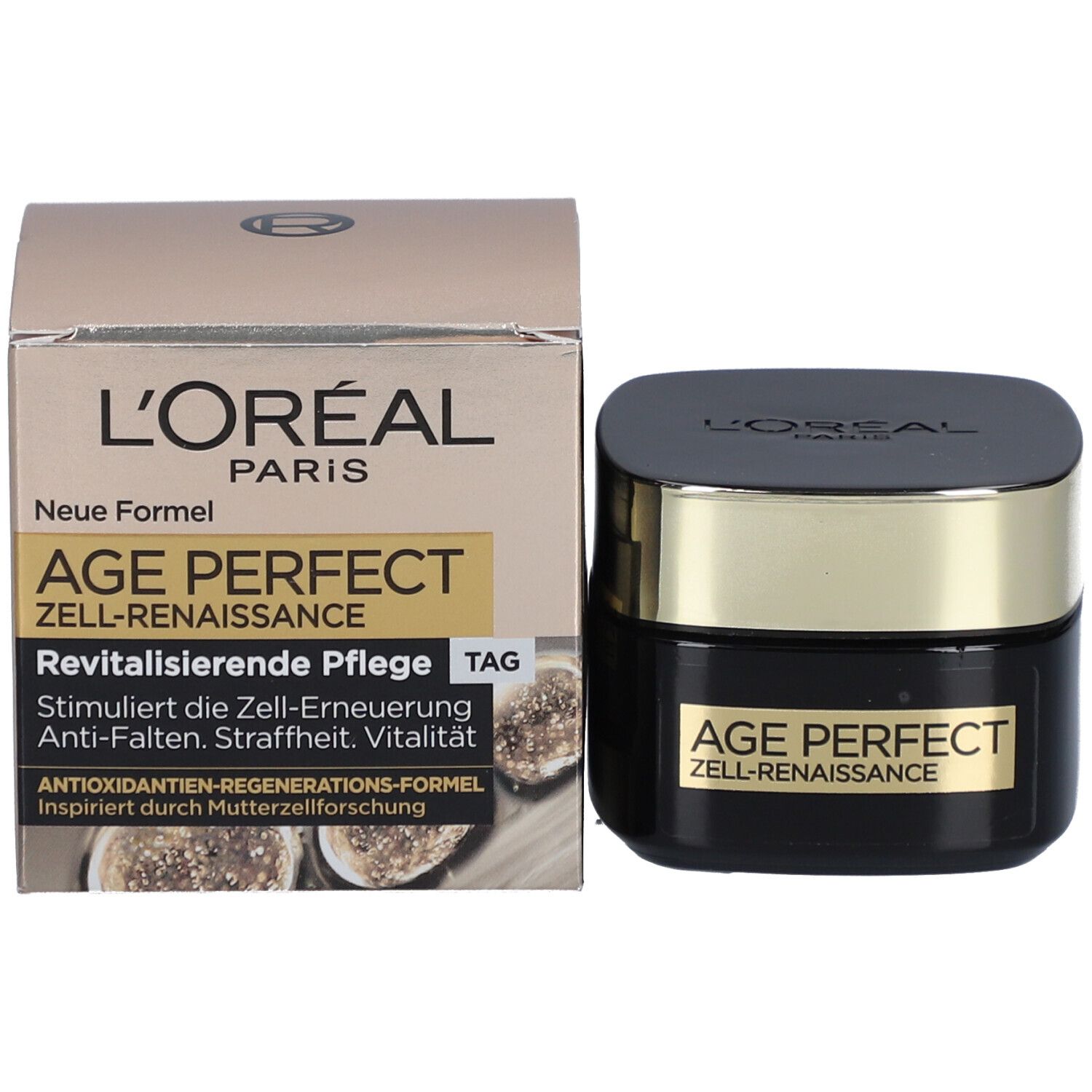 Produktverpackung mit Tiegel und Karton. Aufschrift AGE PERFECT ZELL-RENAISSANCE. Marke L'Oréal.