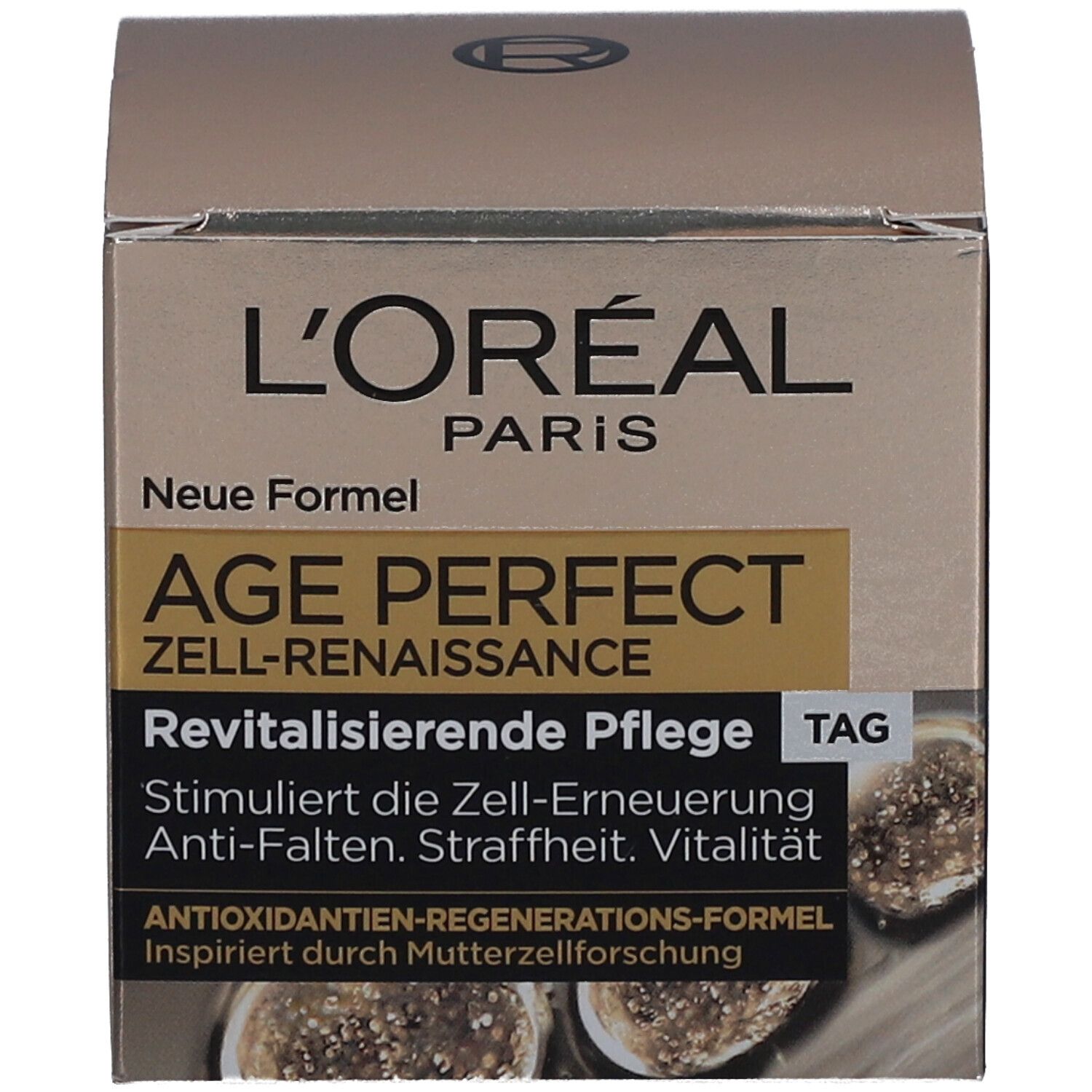 Kartonverpackung mit Aufschrift AGE PERFECT ZELL-RENAISSANCE. Marke L'Oréal. Neue Formel.