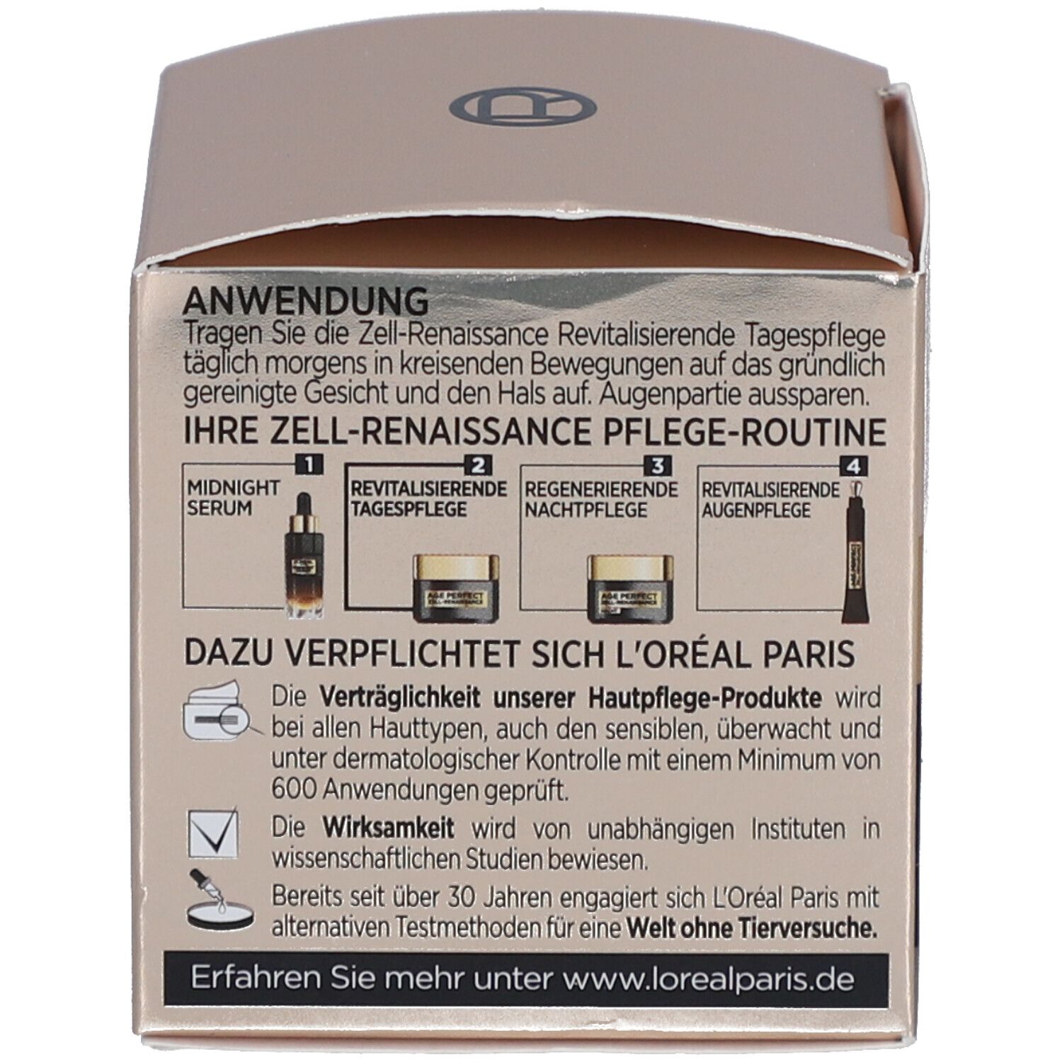 Rückseite der Kartonverpackung. Text über die Anwendung und Inhaltsstoffe. Marke L'Oréal.