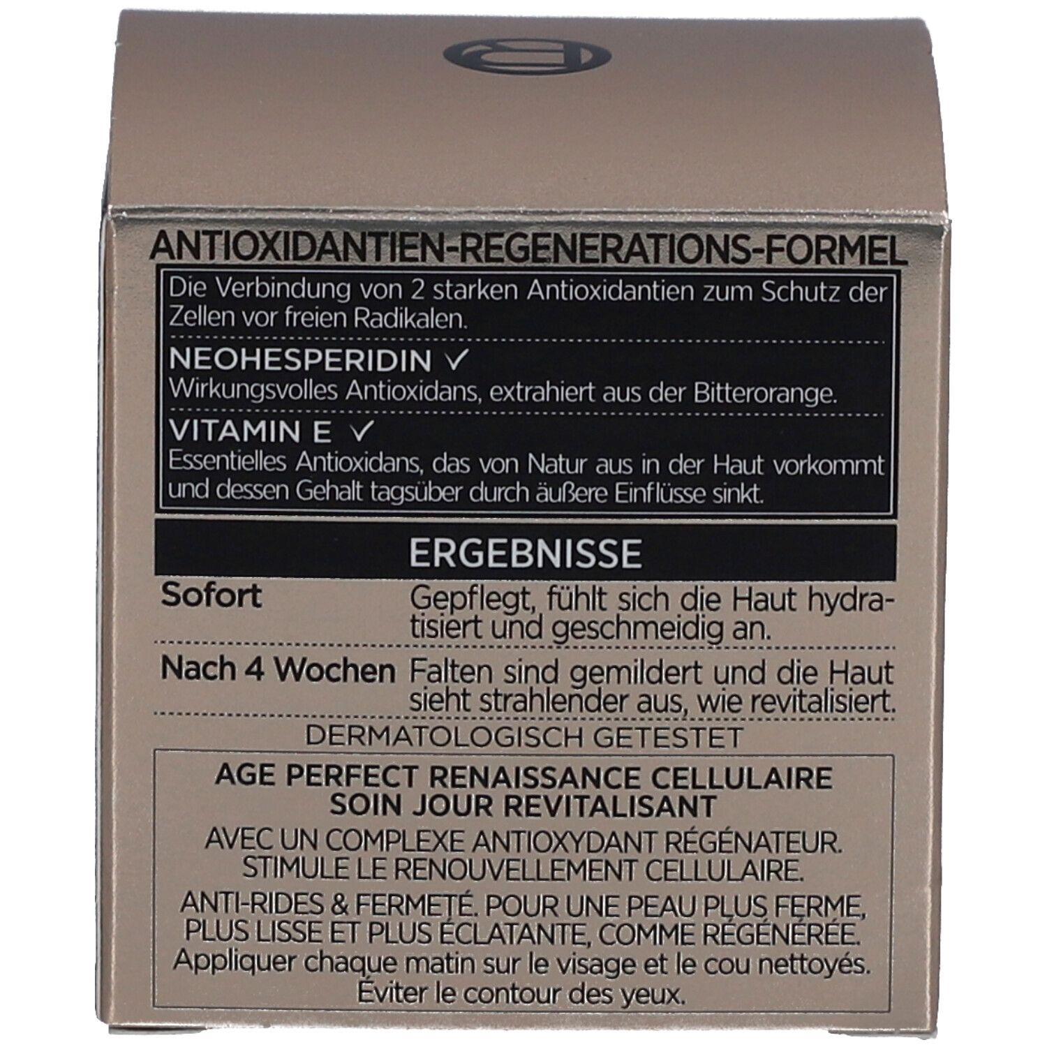 Rückseite der Kartonverpackung. Text über Ergebnisse und Inhaltsstoffe. Marke L'Oréal.