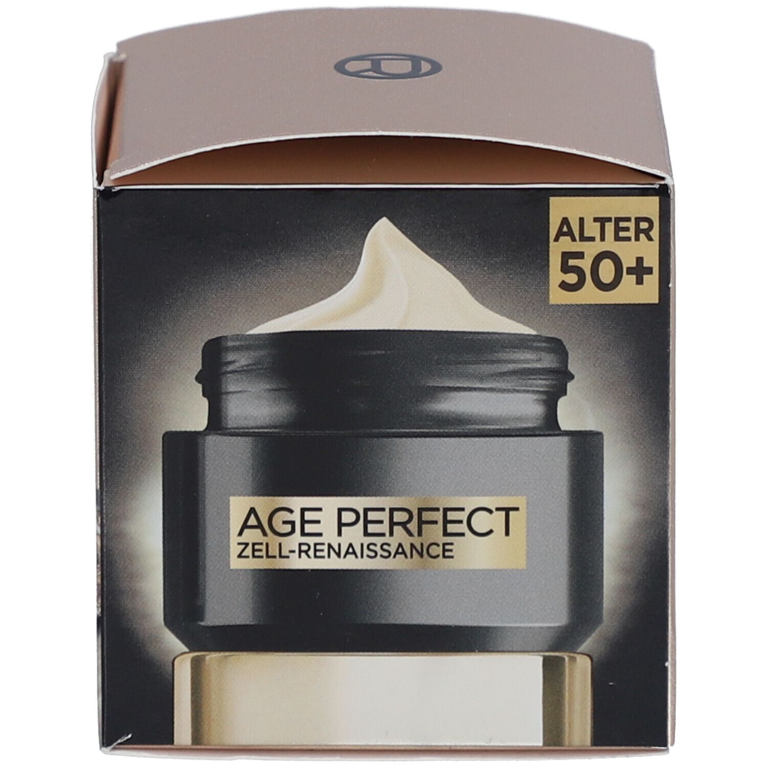 Kartonverpackung mit Tiegel und Creme. Aufschrift AGE PERFECT ZELL-RENAISSANCE. Alter 50+.