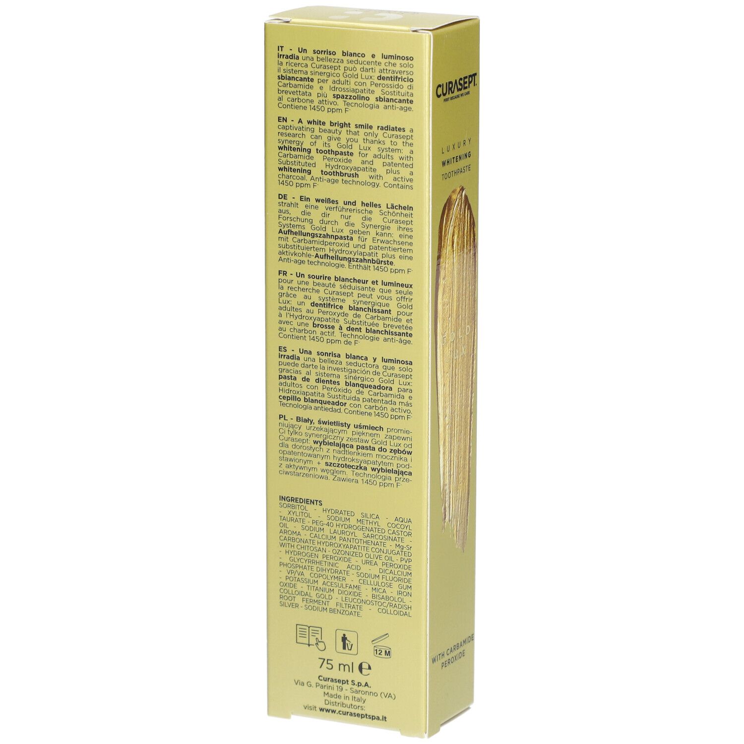 Zahncreme-Verpackung. Marke CURASEPT. Text und Inhaltsstoffe auf der Rückseite. 75 ml.