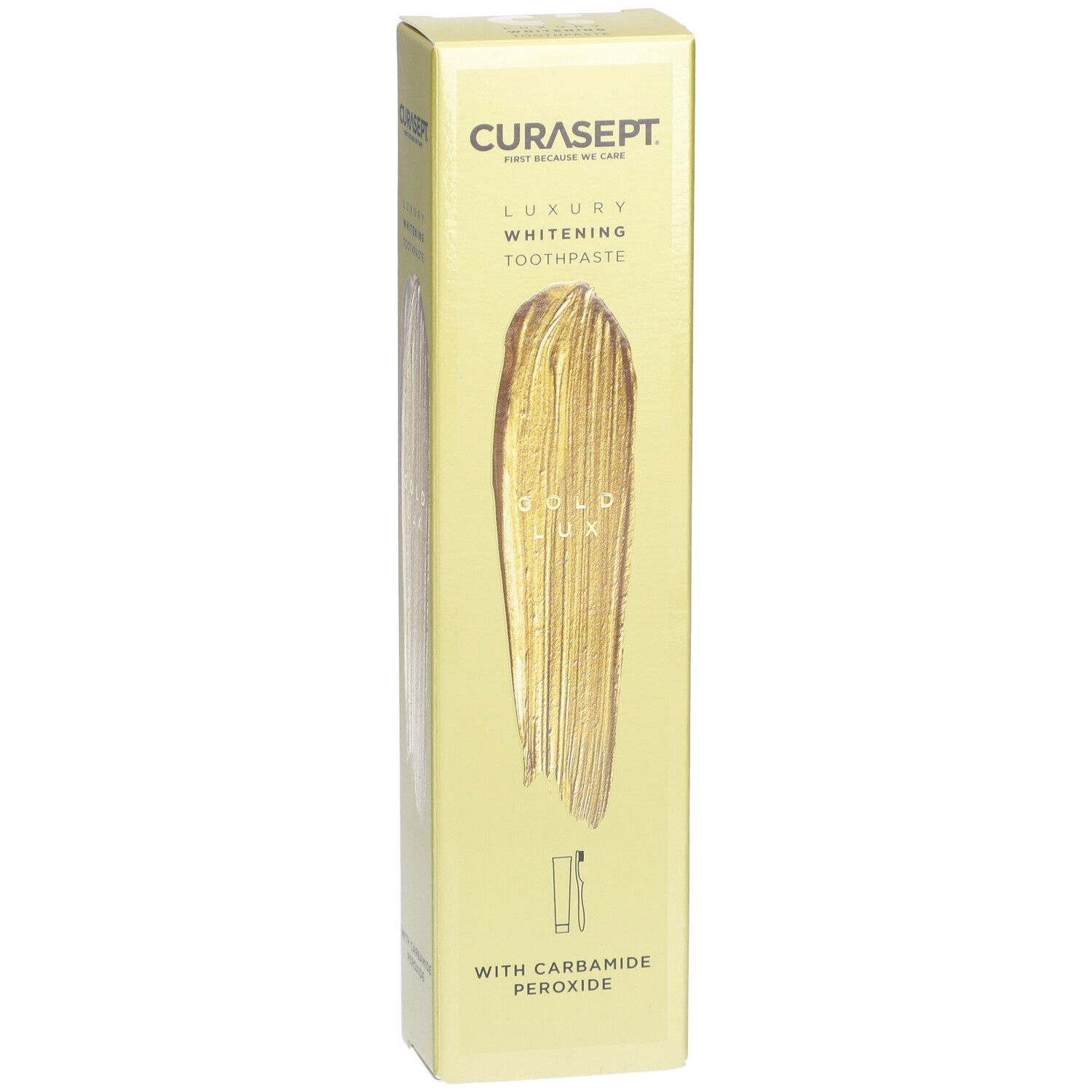 Zahncreme-Verpackung. Marke CURASEPT. Aufdruck: Luxury Whitening Toothpaste. Gold LUX.