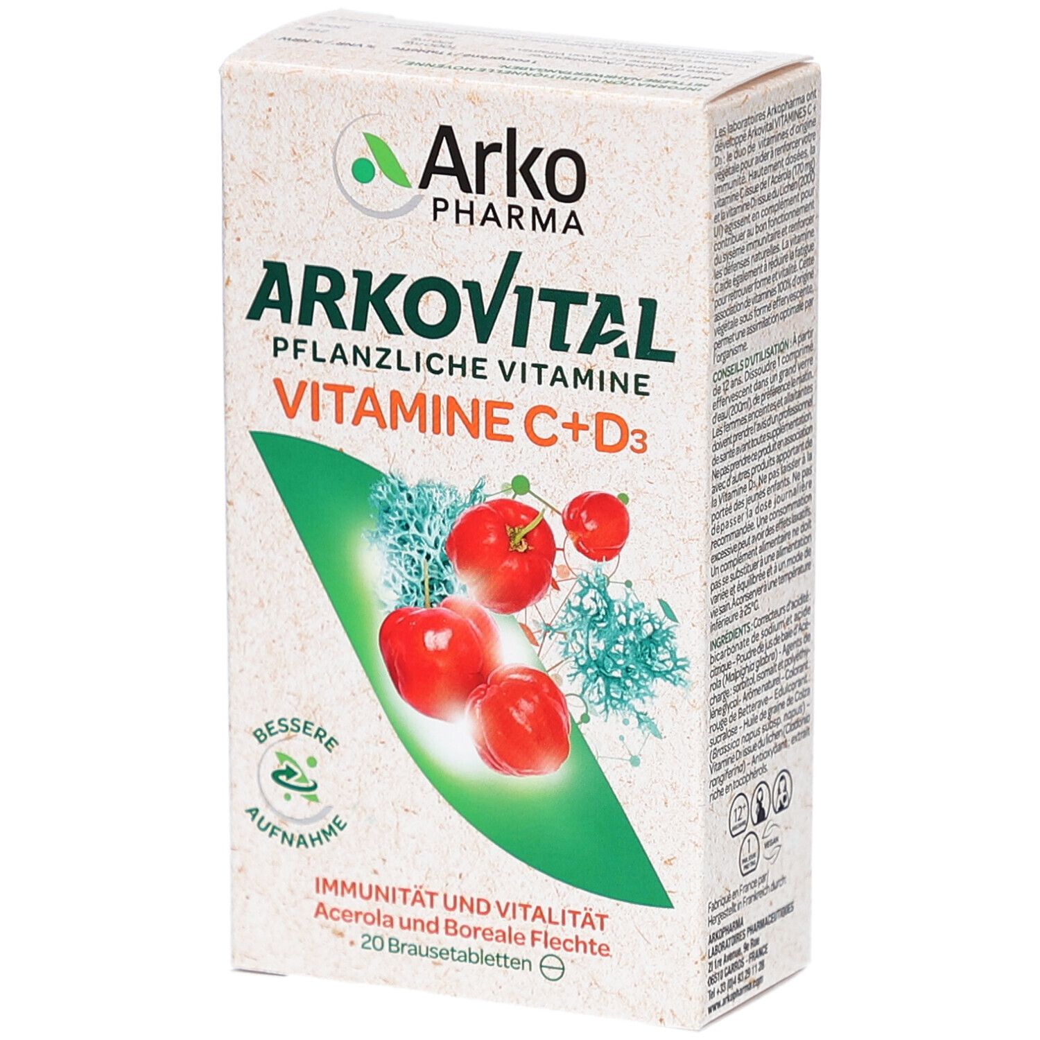 Karton von ARKOVITAL Pflanzliche Vitamine C + D3. Enthält 20 Brausetabletten. Abbildung von Acerola-Kirschen und Boreale Flechte.
