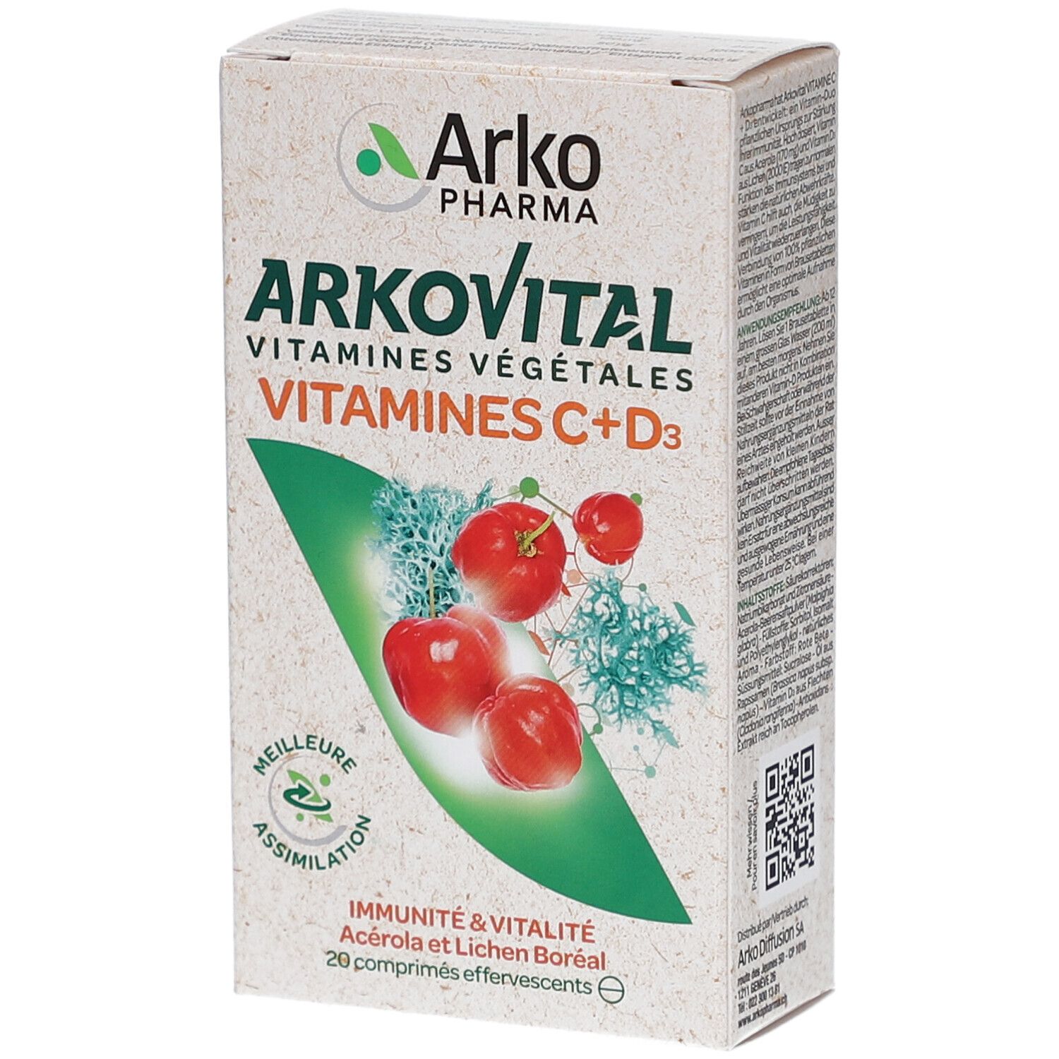 Karton von ARKOVITAL Vitamines Végétales Vitamines C+D3. Enthält 20 Brausetabletten. Abbildung von Acerola-Kirschen und Boreale Flechte.