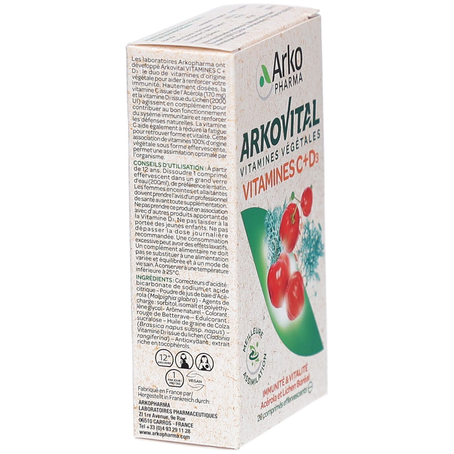 Karton von ARKOVITAL Vitamines Végétales Vitamines C+D3. Enthält 20 Brausetabletten. Seitenansicht mit Text.
