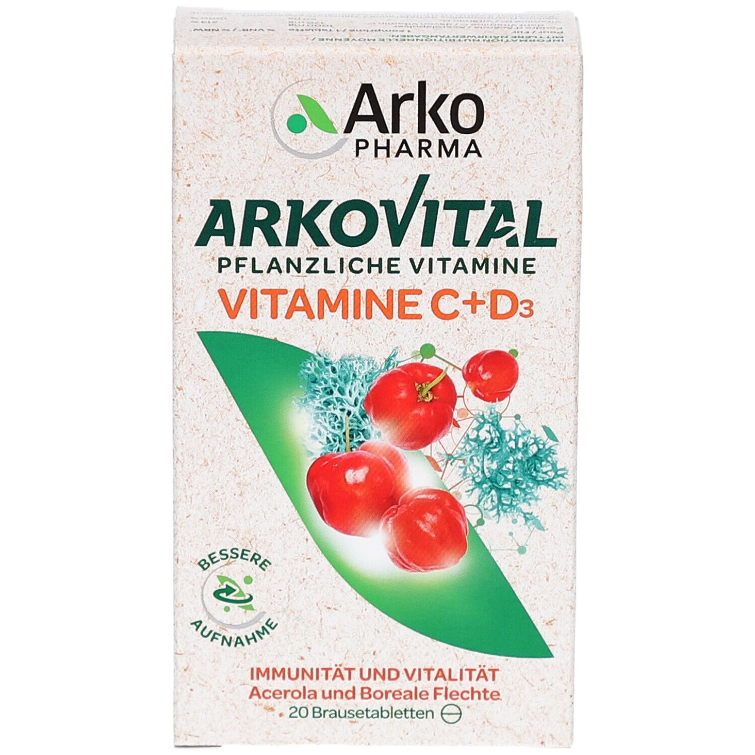 Karton von ARKOVITAL Pflanzliche Vitamine C + D3. Enthält 20 Brausetabletten. Abbildung von Acerola-Kirschen und Boreale Flechte.