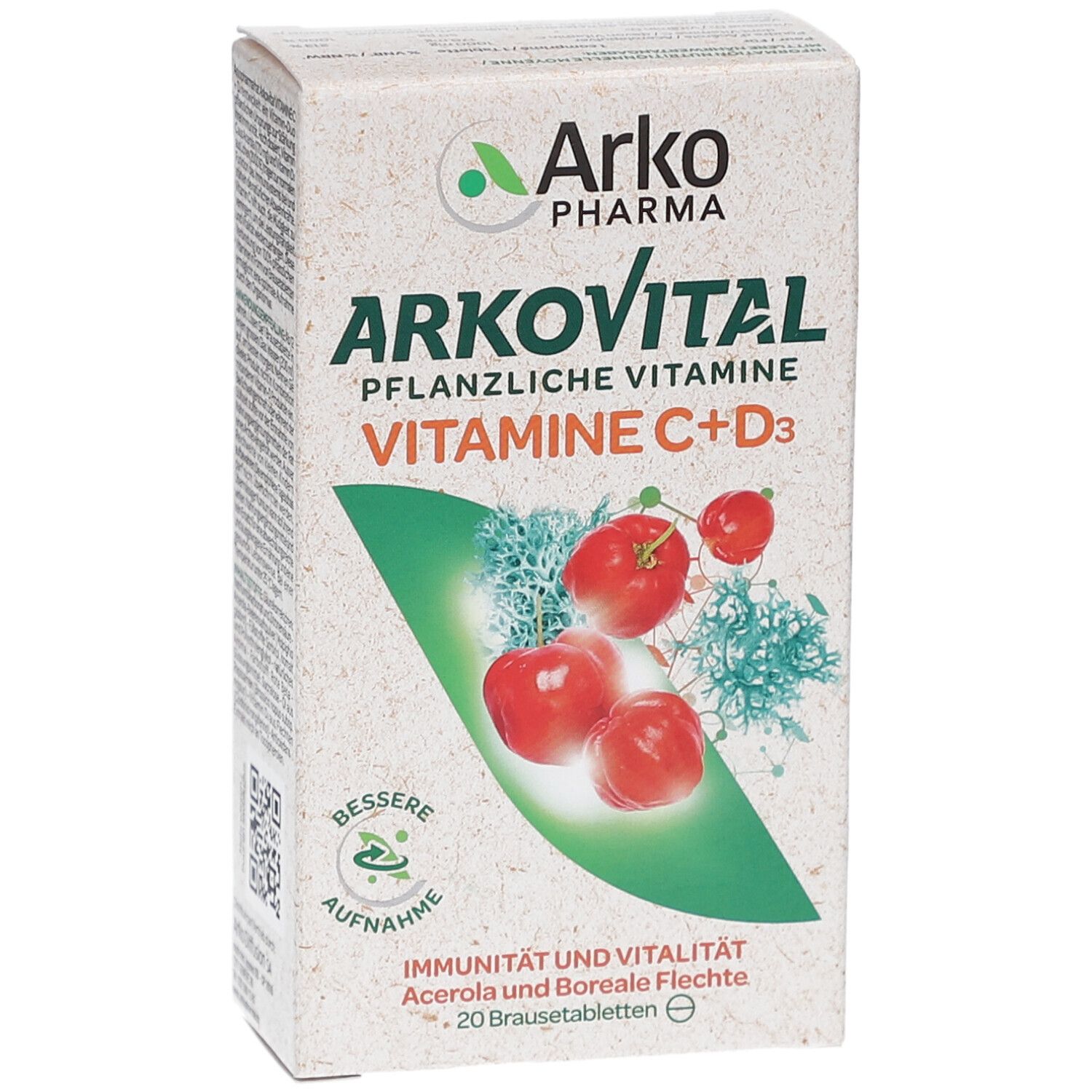 Karton von ARKOVITAL Pflanzliche Vitamine C + D3. Enthält 20 Brausetabletten. Abbildung von Acerola-Kirschen und Boreale Flechte.