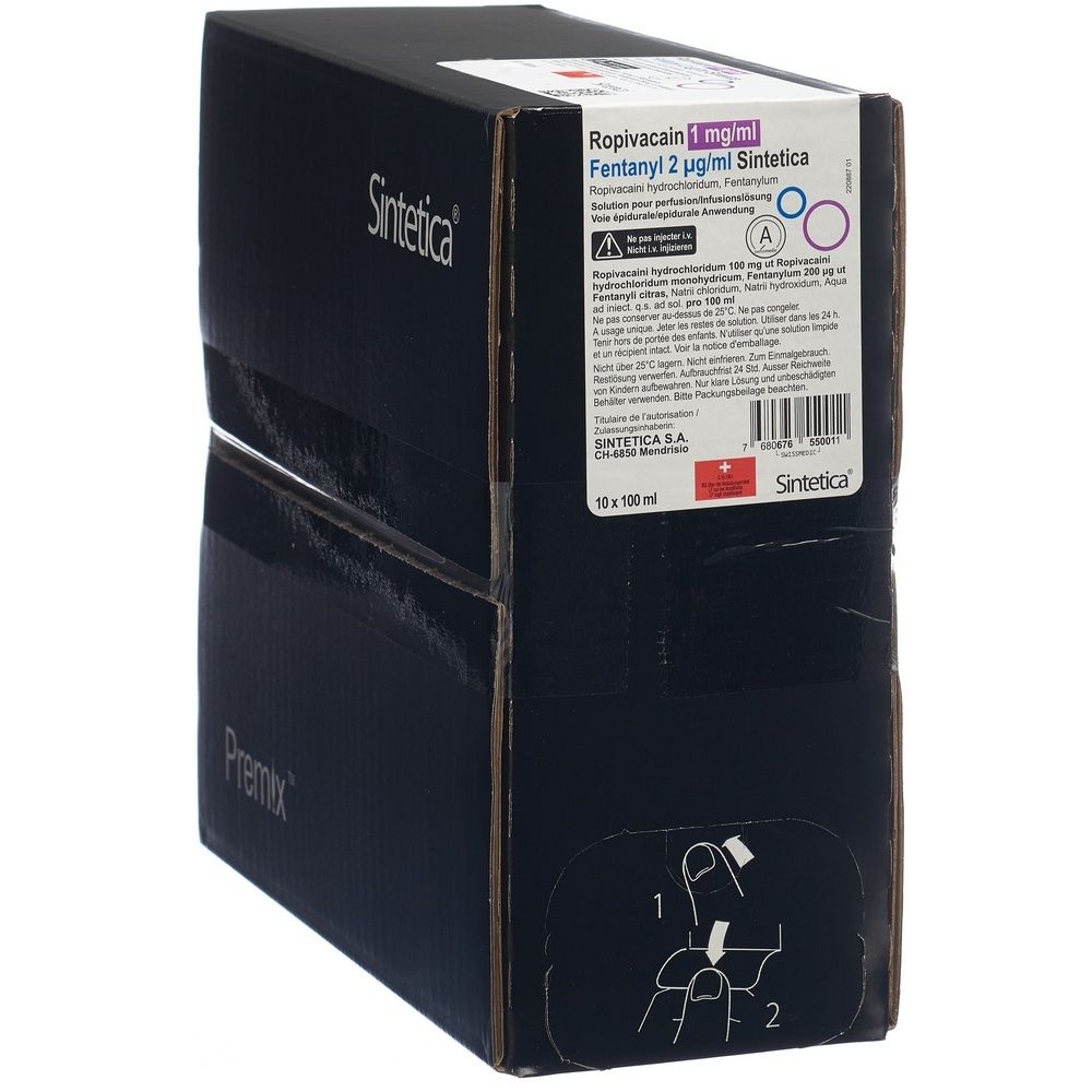 Schwarzer Karton mit Produktetikett. Beschriftung: Ropivacain, Fentanyl, Sintetica. Schweizer Flagge und Logo.