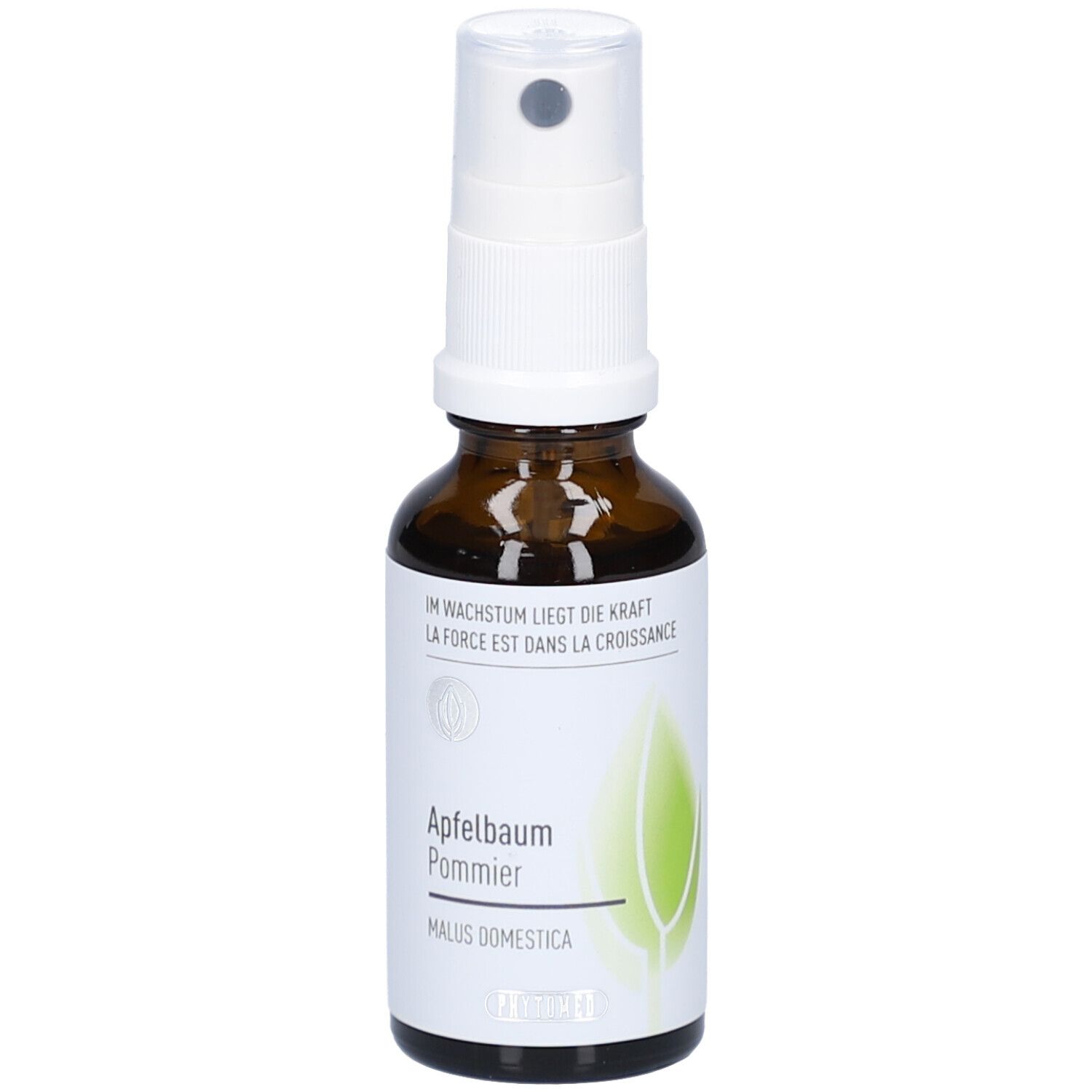 Flacon en verre brun avec vaporisateur blanc. Étiquette avec texte et graphique de feuille. Nom du produit: Apfelbaum Pommier.