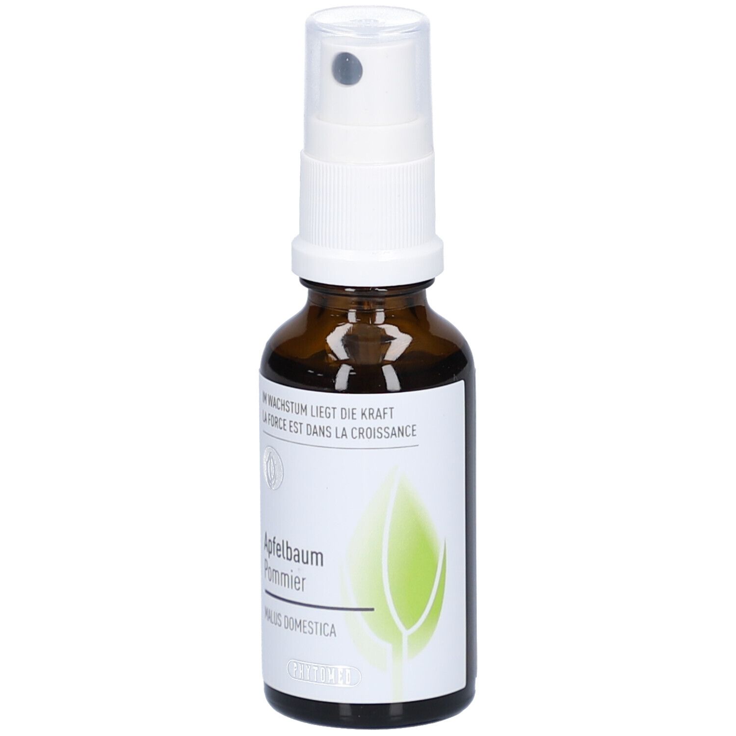 Flacon en verre brun avec vaporisateur blanc. Étiquette avec texte et graphique de feuille. Nom du produit: Apfelbaum Pommier.