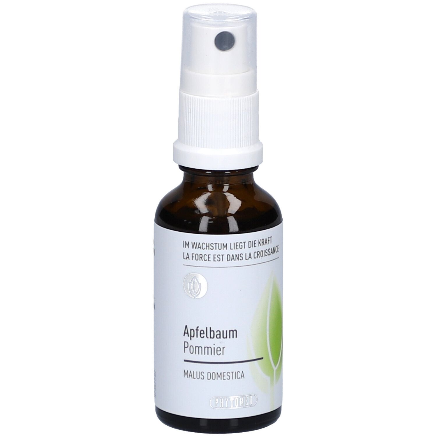 Flacon en verre brun avec vaporisateur blanc. Étiquette avec texte et graphique de feuille. Nom du produit: Apfelbaum Pommier.