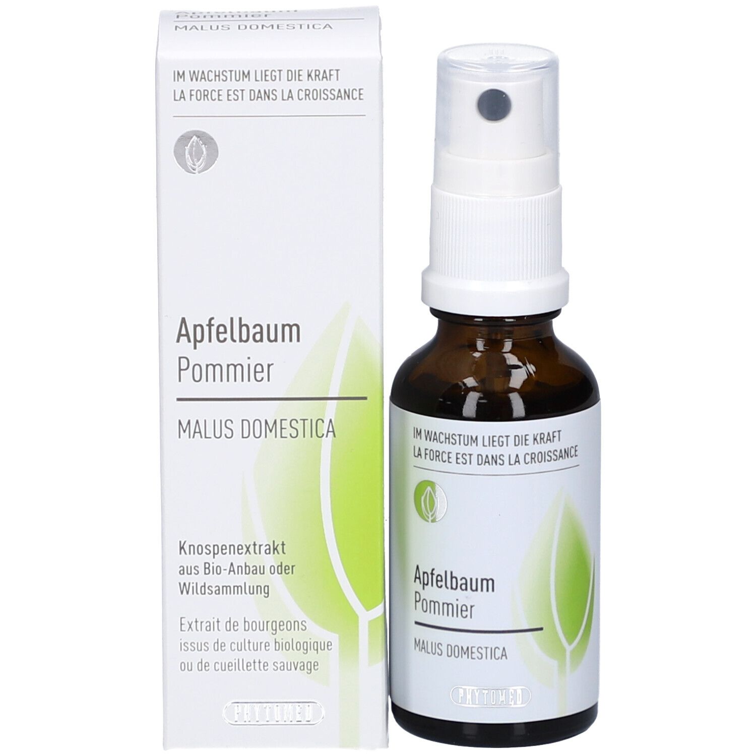 Flacon en verre brun avec vaporisateur et boîte. Boîte avec texte et graphique de feuille. Nom du produit: Apfelbaum Pommier.